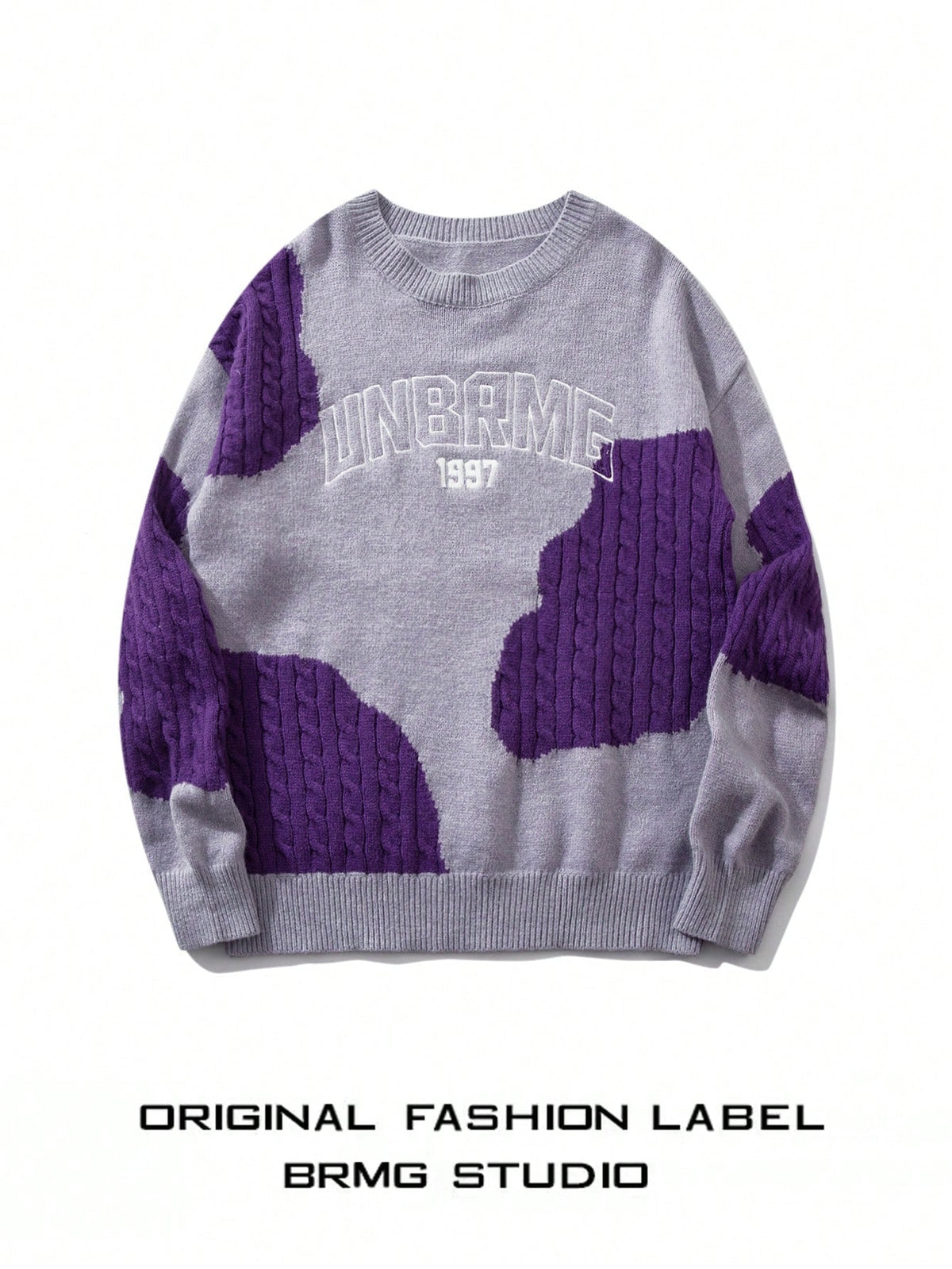 New Spring Autumn Unisex College Style Round Neck Patchwork Purple Sweater Pullover Knitwear