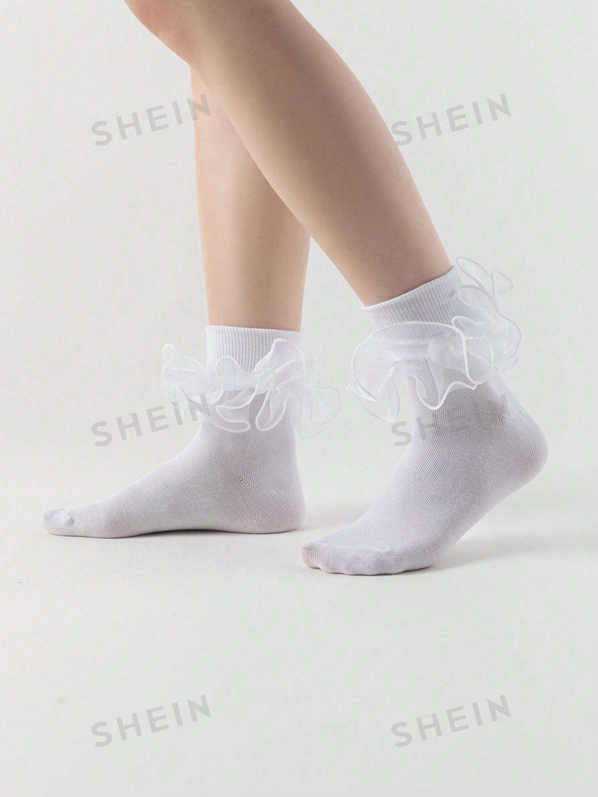 ROMWE Kawaii Women Simple Solid Color Ruffle Lace Trim Crew Socks