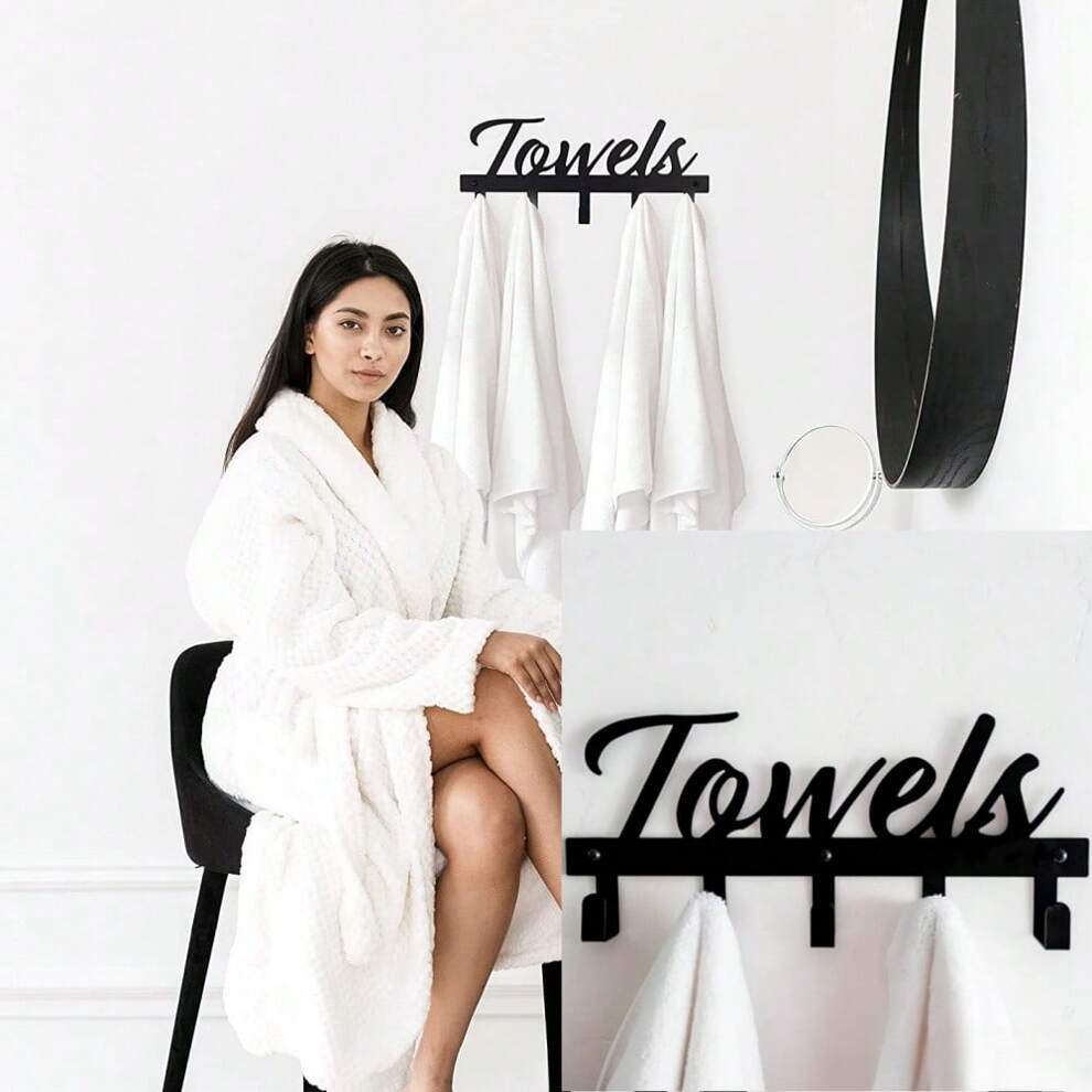 5 Hook Wall Mounted Bathroom Towel Rack And Hanger - Space Saving Hanging Towels - Clothes And Accessories - Black Creative Lettering - Fashion Style