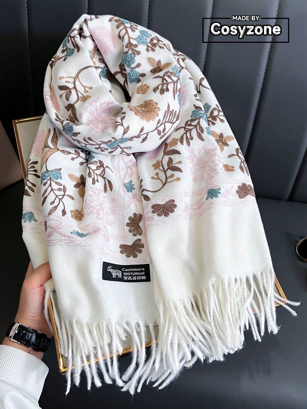 Boho 1pc Women's Thick Faux Cashmere Embroidered Scarf With Tassels For Autumn And Winter Outfit, Bohemian Style Cape For Traveling