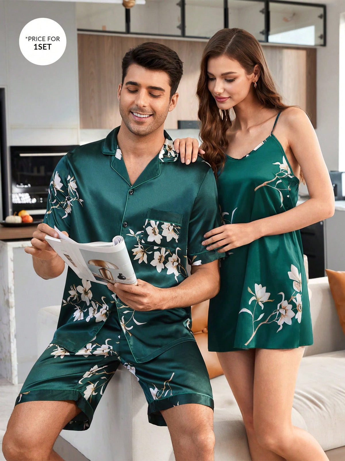 Shein CoupledUp Men's Silk-Like Short Sleeve Shorts Pajama Set For Home,  Couples Matching Outfits