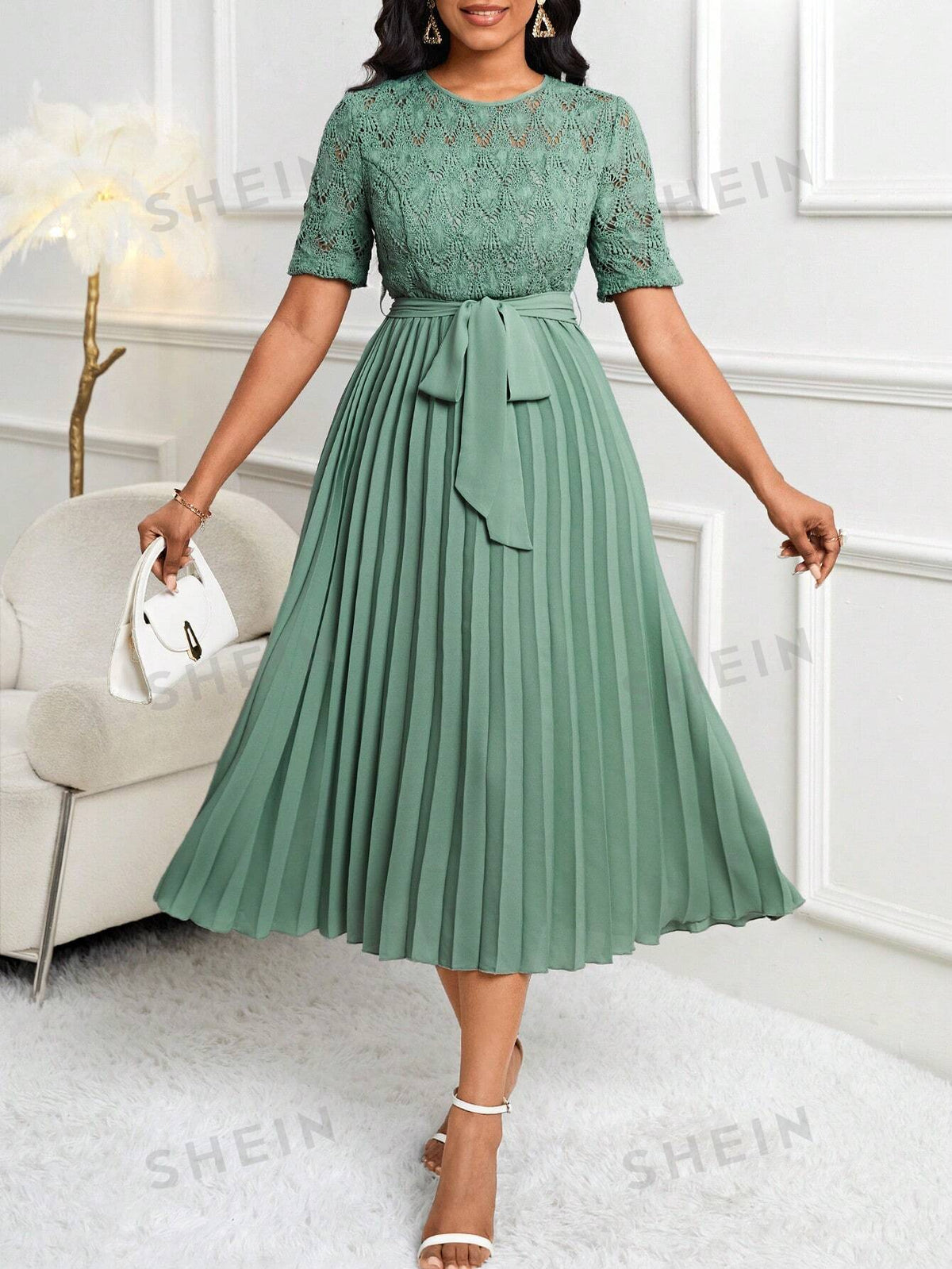 SHEIN Lady Women's Dress With Pleated And Gathered Lace, And Waist Belt, Water Soluble Fall Dresses Teacher Dress Teacher Clothes Homecoming Dresses Olive Green