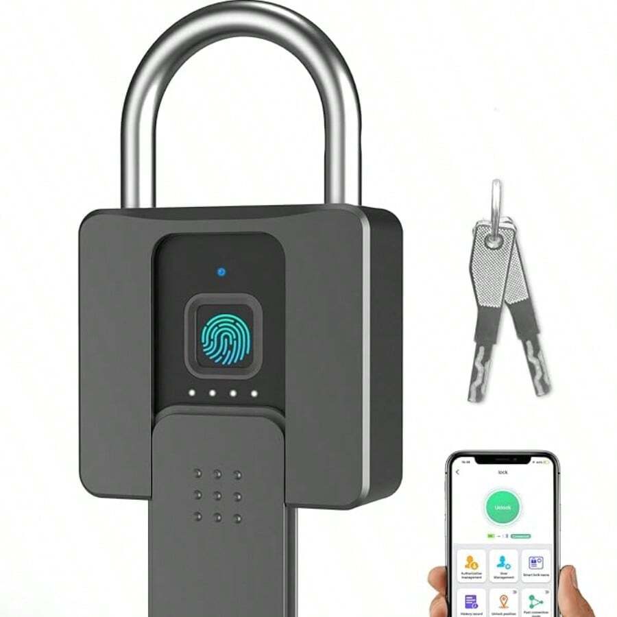 1pc Zinc Alloy Fingerprint Padlock With Phone Unlock Function, Suitable For Large Iron Door, Shipping Container, Warehouse Door, Waterproof