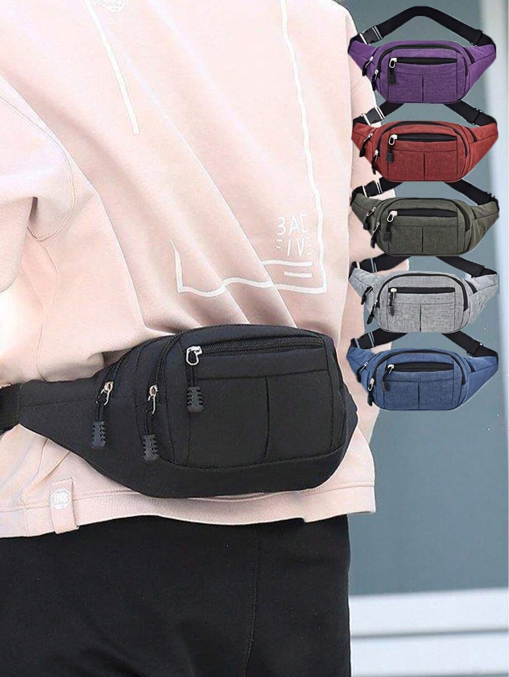 Large Capacity Solid Fabric Fanny Packs For Men Casual Zip Front Waist Bag Hip Polyester Sling Bag Men Adjustable Strap Fanny Pack Sling Business Casual Minimalist Man Bag Durable Practical Multi-Func