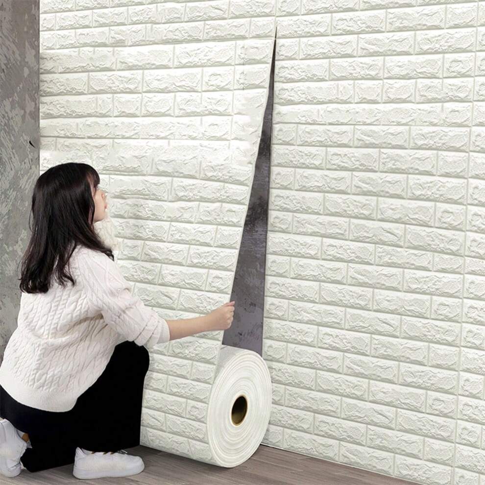 1 Roll 50cm/19.7inch X 500cm/196.85inch White 3D Self-Adhesive Wall Sticker With Brick Pattern, Waterproof Damp-Proof Home Wallpaper, Soft Foam Wall Protector, Cozy Bedroom Decorative Renovation Wallp