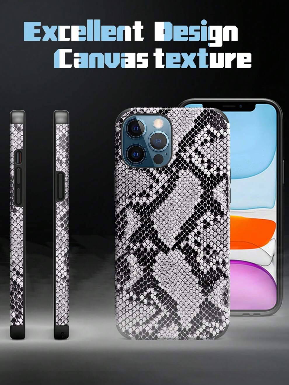 1pc Gray & White Snake Print Colored Drawing Printed Phone Case With Anti-Shock Bumper & Ring Holder & Texture Skin Craft, Compatible With IPhone 14 Pro Max