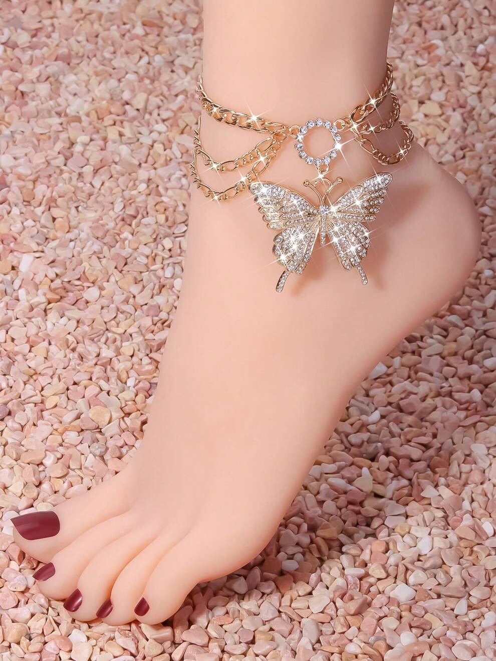 Rhinestone Butterfly Charm Layered Anklet