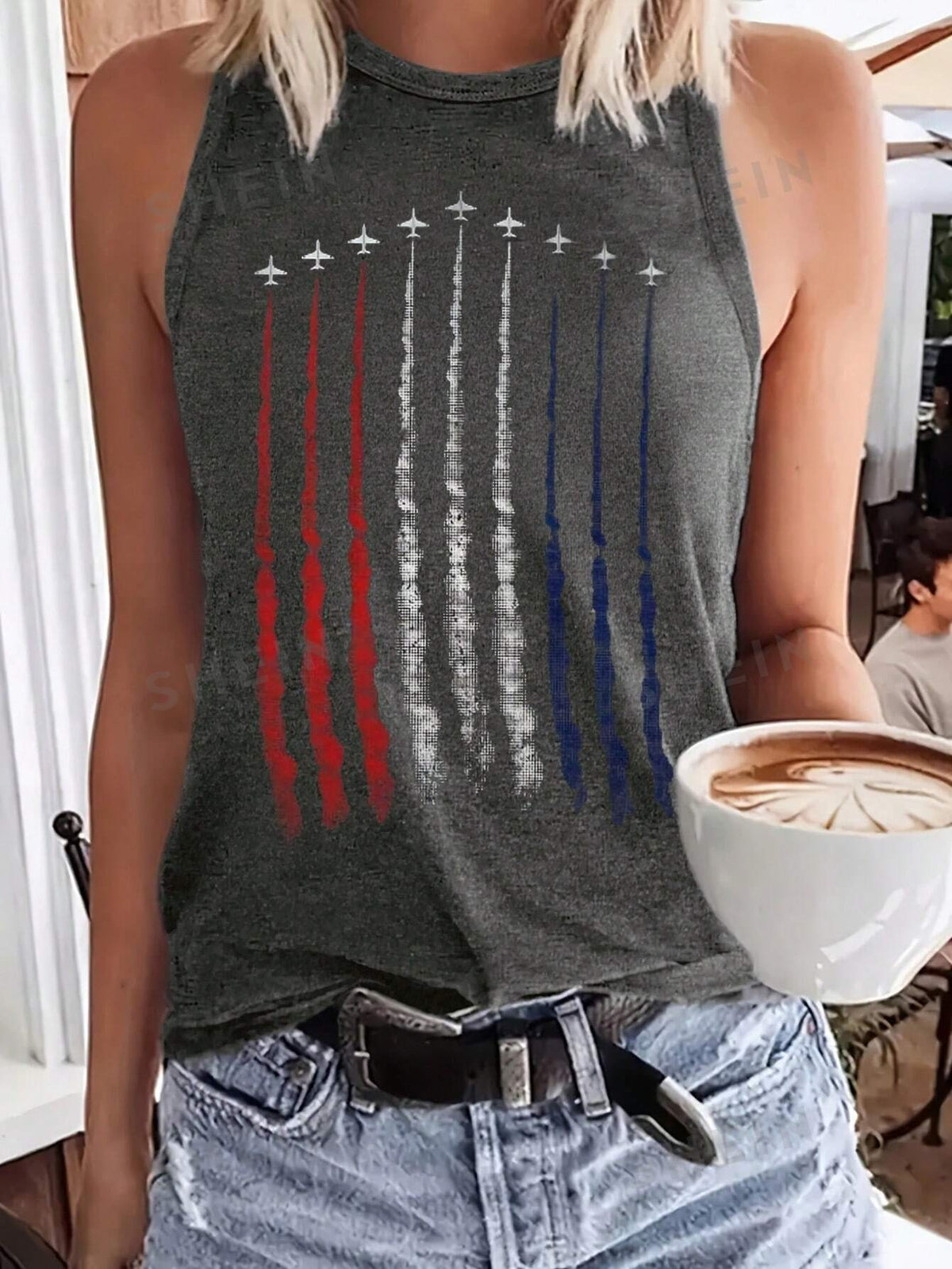 SHEIN LUNE Women's Summer Airplane Printed Casual Home Wear Tank Top 4th Of July Clothes