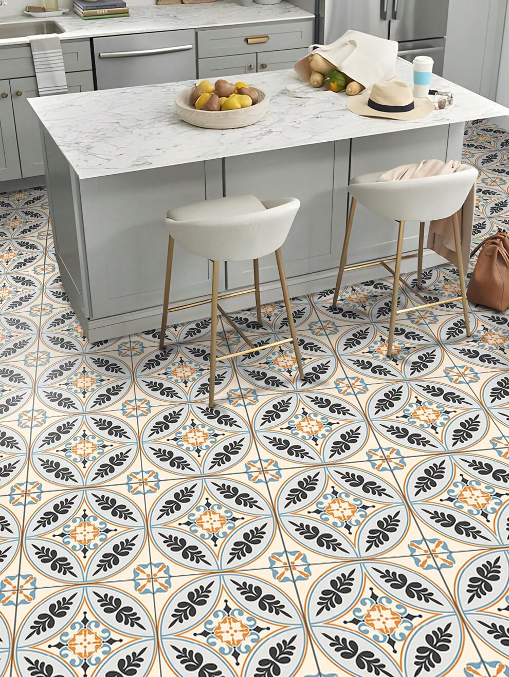 12pcs Bohemian Style Printed Floor Stickers, Self-Adhesive Waterproof Anti-Slip Wear-Resistant Peel-And-Stick Removable, Can Be Used For Living Room Bedroom Kitchen And Bathroom Floor Wall Decoration