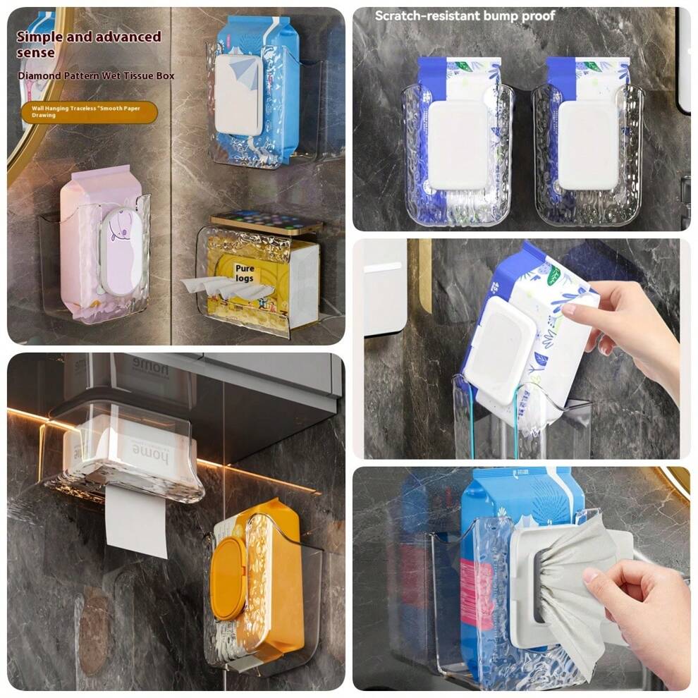 Minimalist Wave Pattern Tissue Box Holder. Wall-Mounted Wet Wipes Storage Box. Suitable For Facial Tissue, No Need To Drill, Perfect For Bathroom, Bedroom, Living Room, Office Desk