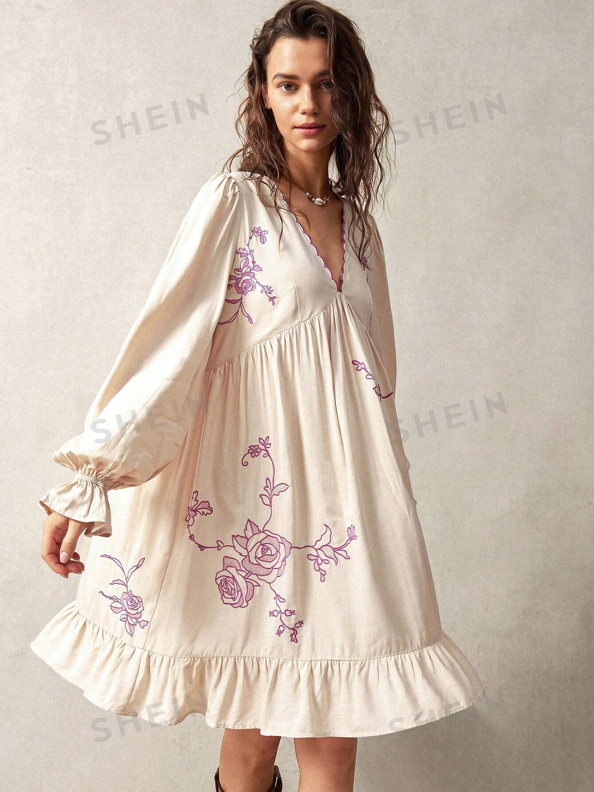 SHEIN BohoFeels Vacation Embroidery Women's Casual Mid-Length Dress, Beige Color, Summer