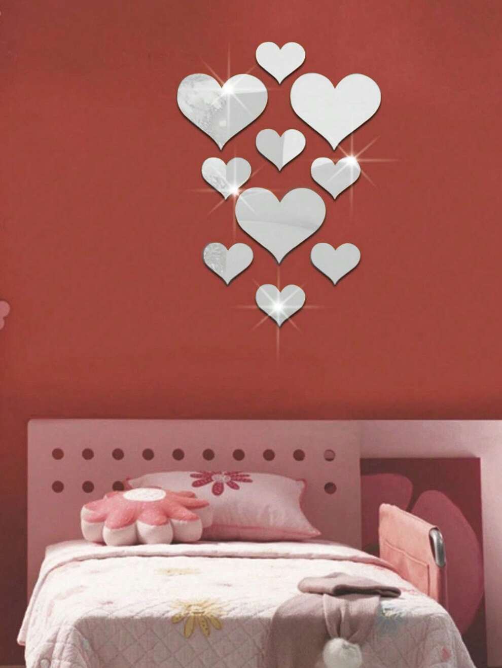 10pcs/Set Silver Heart Shaped Mirror Wall Stickers For Home Decoration