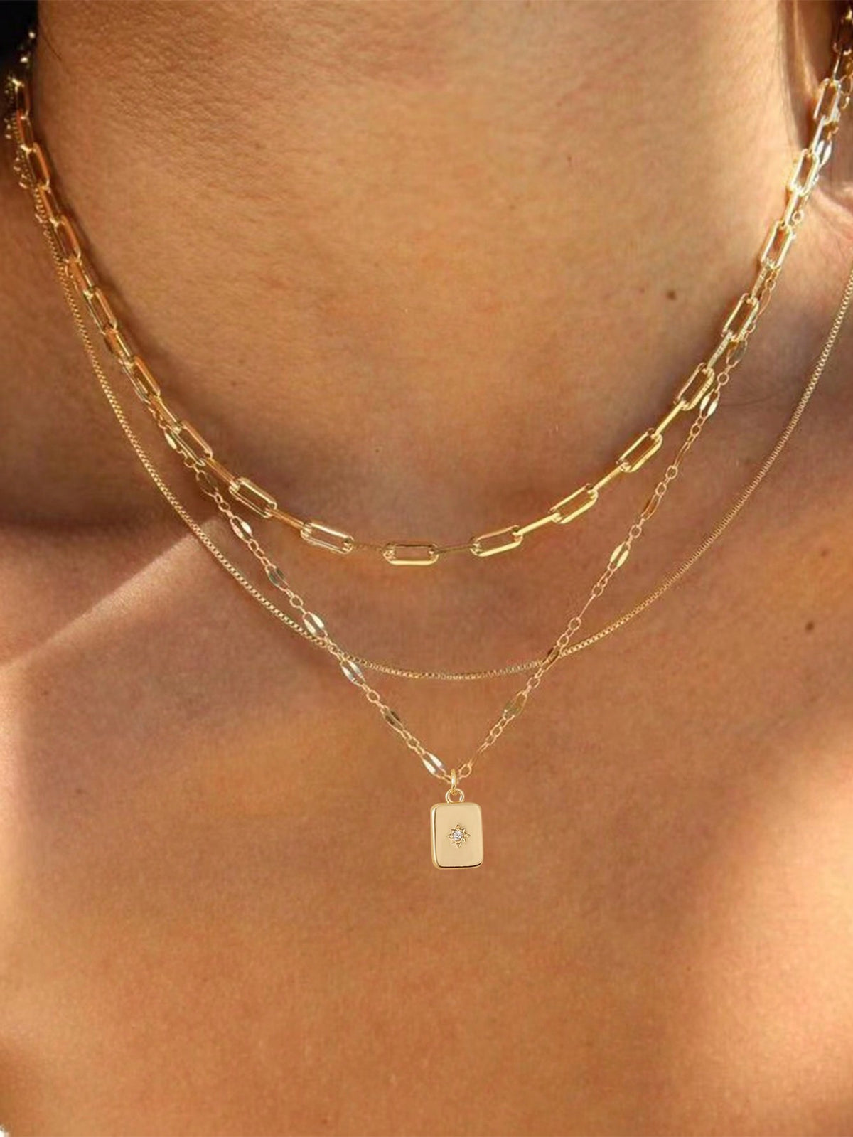 3pcs Fashionable Grid Paperclip Box Chains & Sparkling Cubic Zirconia Rectangle Pendant Necklace