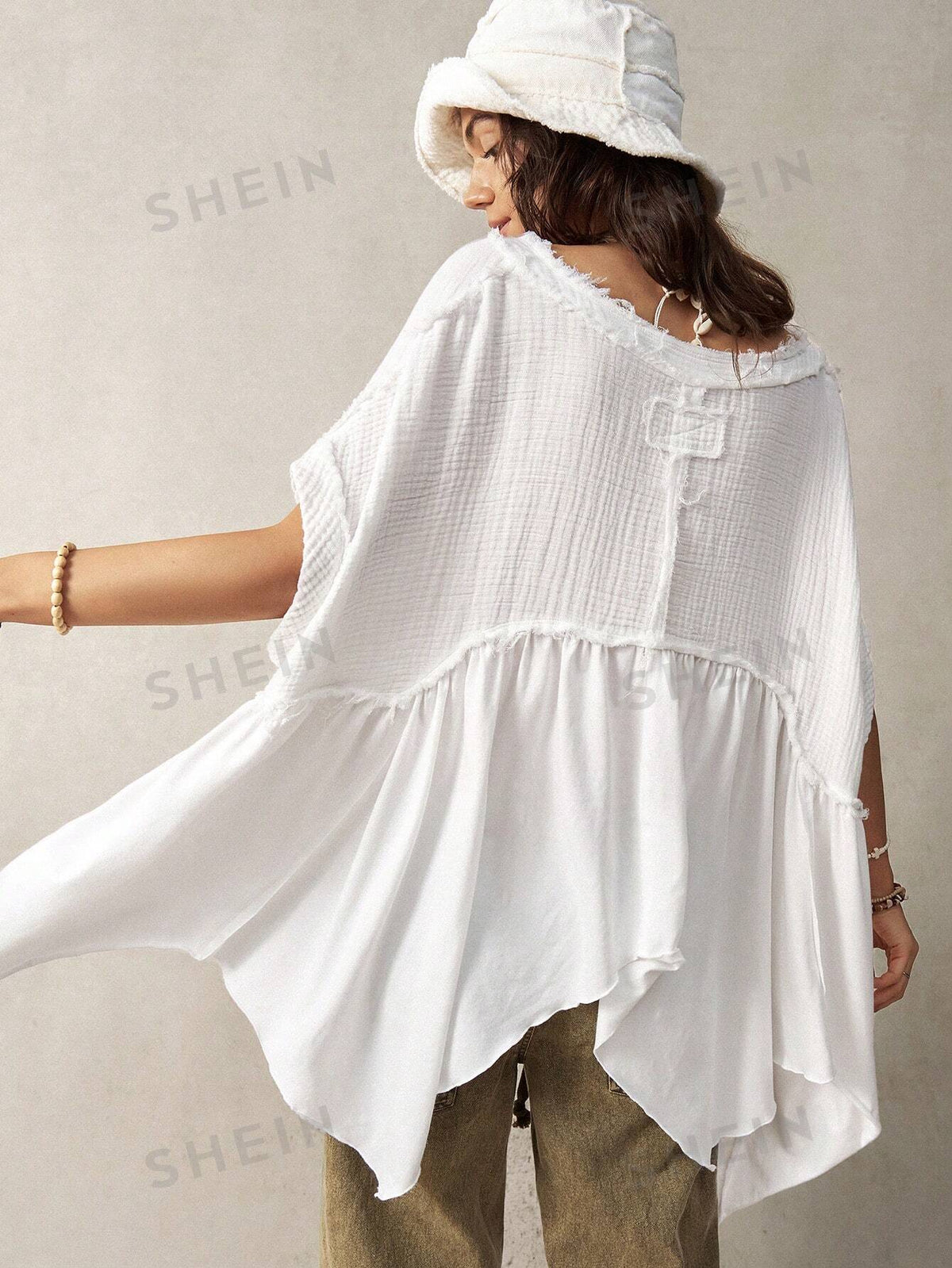 SHEIN BohoFeels Vacation Loose Fit Asymmetrical Hem White Women's Shirt With Patchwork Design