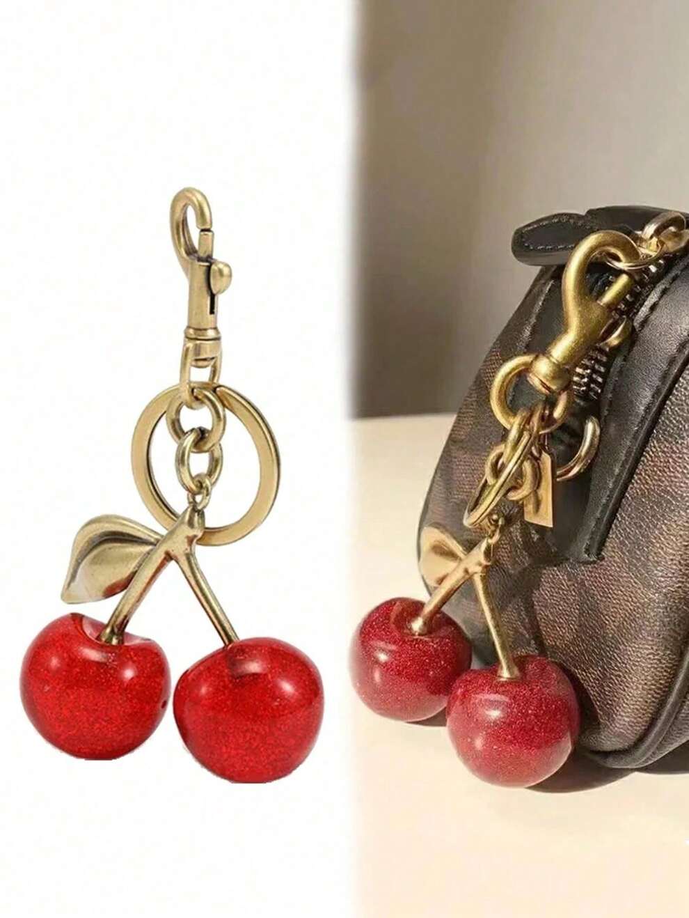 1pc Cherry Pendant, New Arrival Big Cherry Shaped Crystal Pendant, Keychain Pendant,Glitter Cherry Charm Keychain With Clip For Bag, Sparkling Resin & Metal Accessory For Purses And Bags For Women, Wo