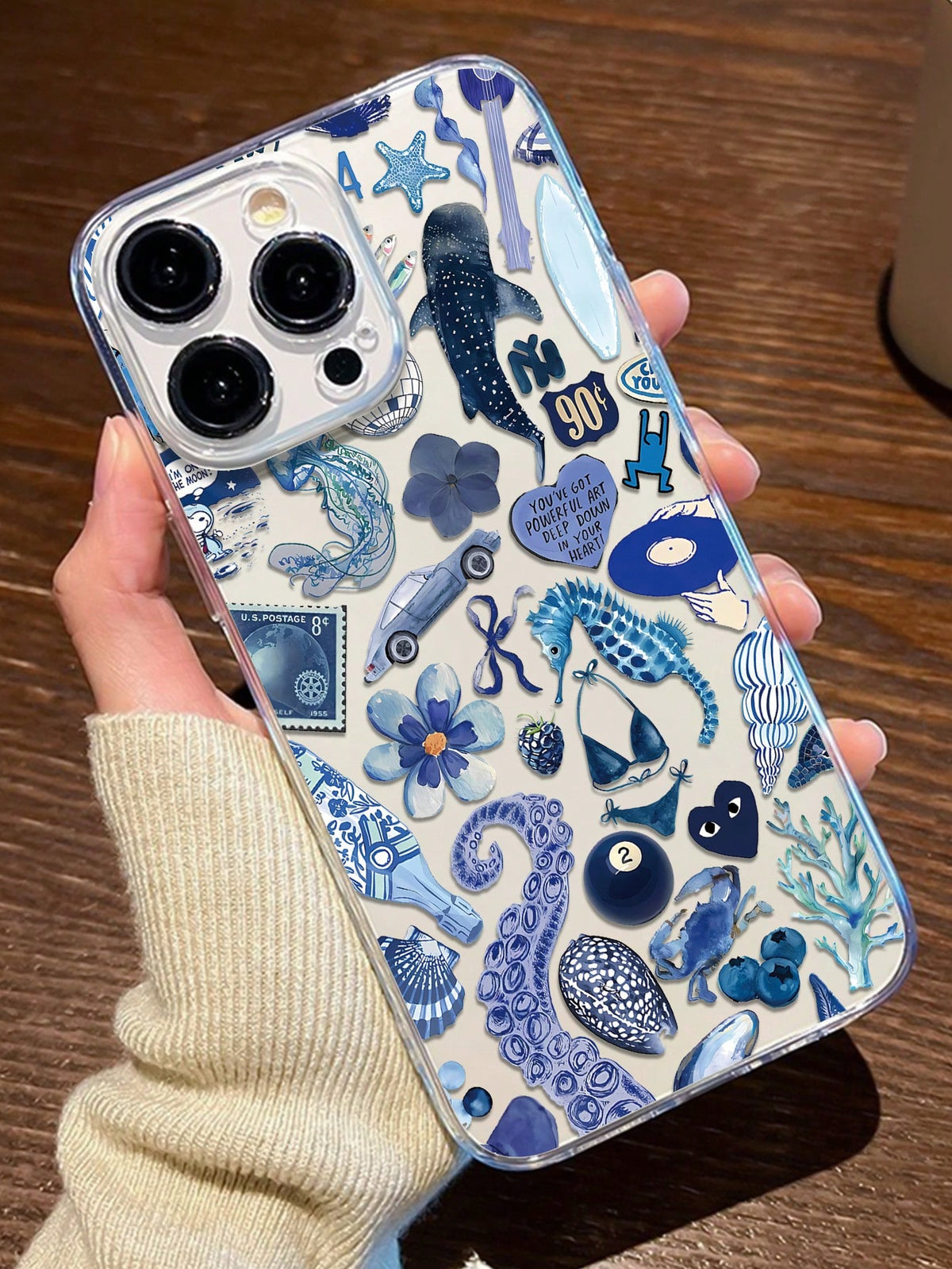 1pc Blue Summer Ambience Pattern Full Coverage Transparent TPU Phone Case With Anti-Drop & Anti-Fingerprint Features, Compatible With IPhone