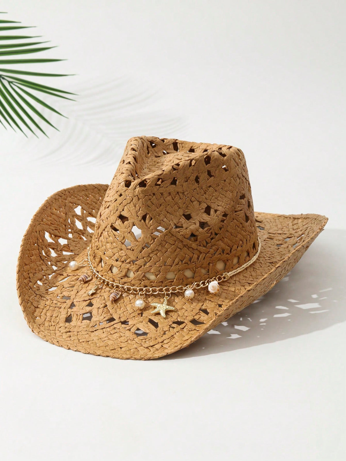 1pc Unisex Conch Decor Wide Brim Printed Summer Travel Shade Western Style Cowboy Hat Cowgirl Hat Beach Hat Hollow Out Breathable With Beaded Trim Band Hand Woven Straw Hat Sun Hat