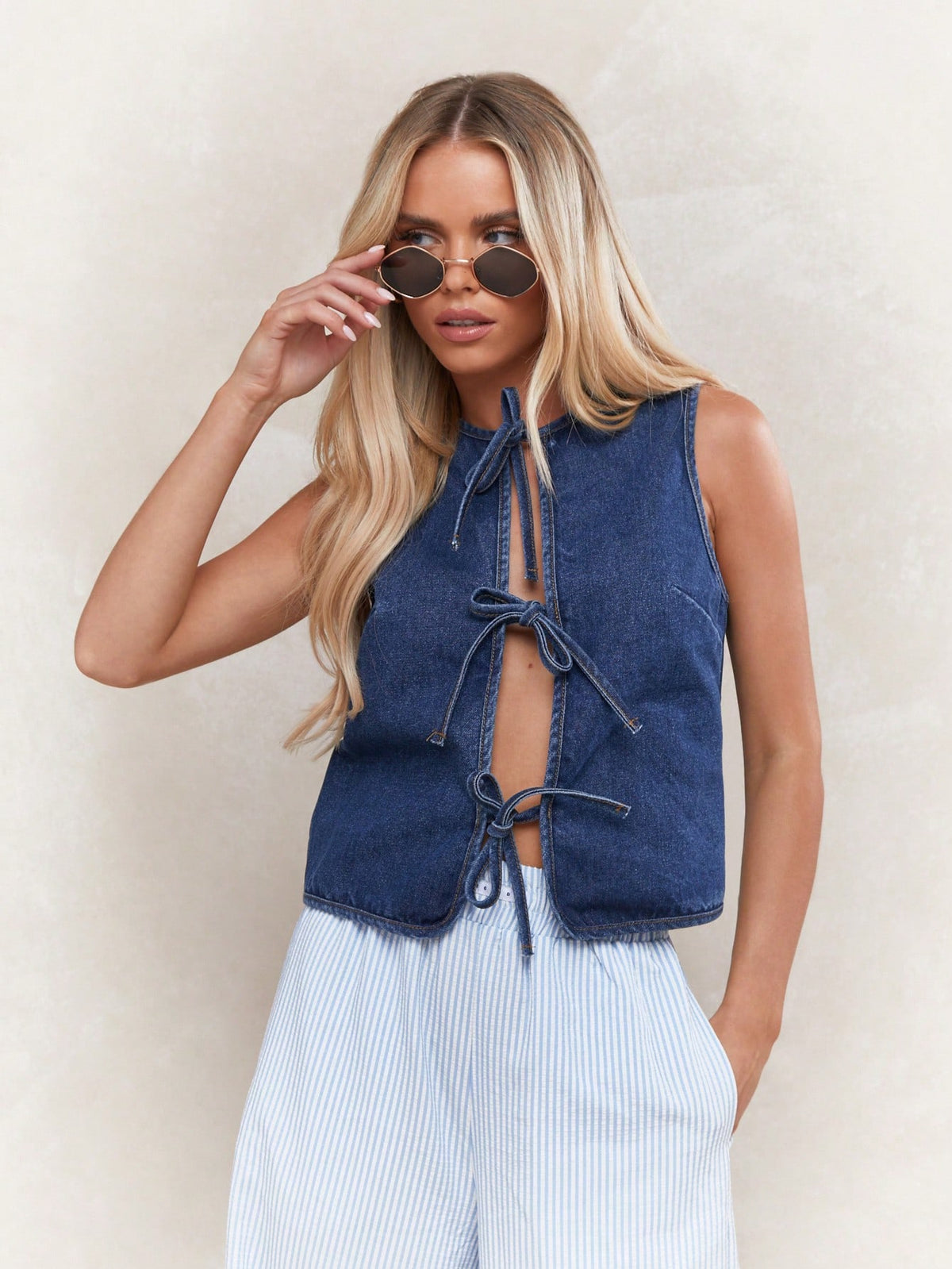 MISSGUIDED Tie Detail Open Front Sleeveless Denim Top College Ready