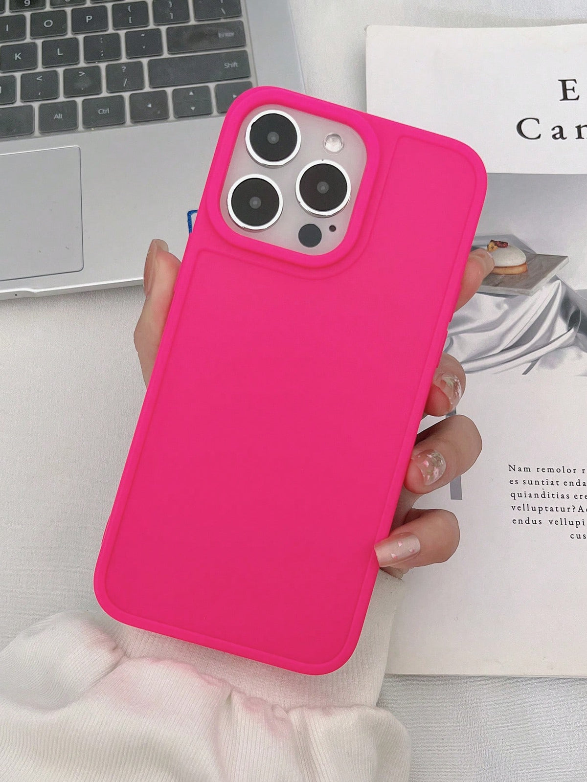 1pc Matte Raspberry Pink PU Phone Case, Four-Corner Anti-Drop With Large Openings Compatible With Apple, Samsung, Huawei, Xiaomi Phones