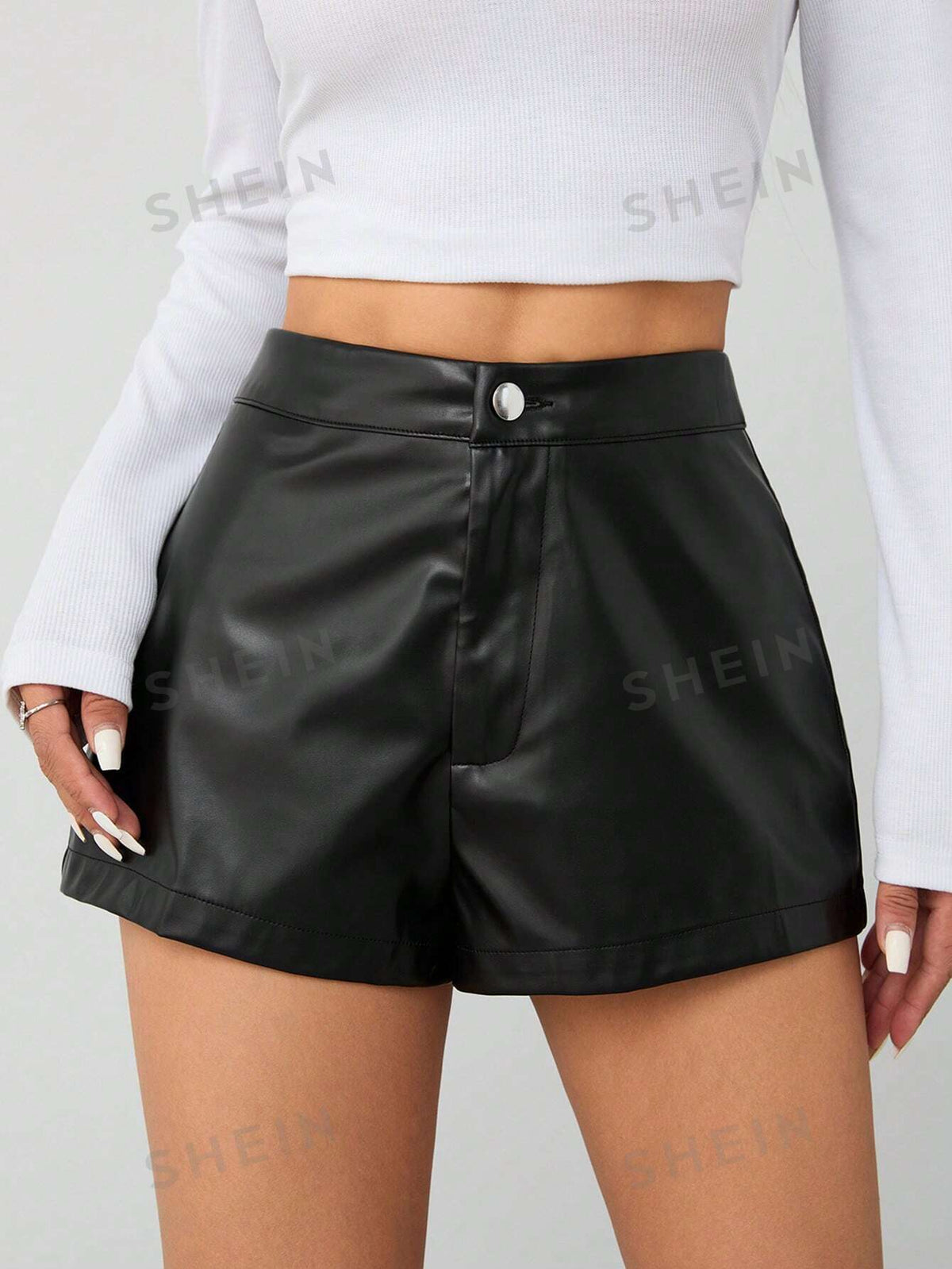 SHEIN PETITE Autumn PU Leather Party Wear For Party Tight Black Shorts