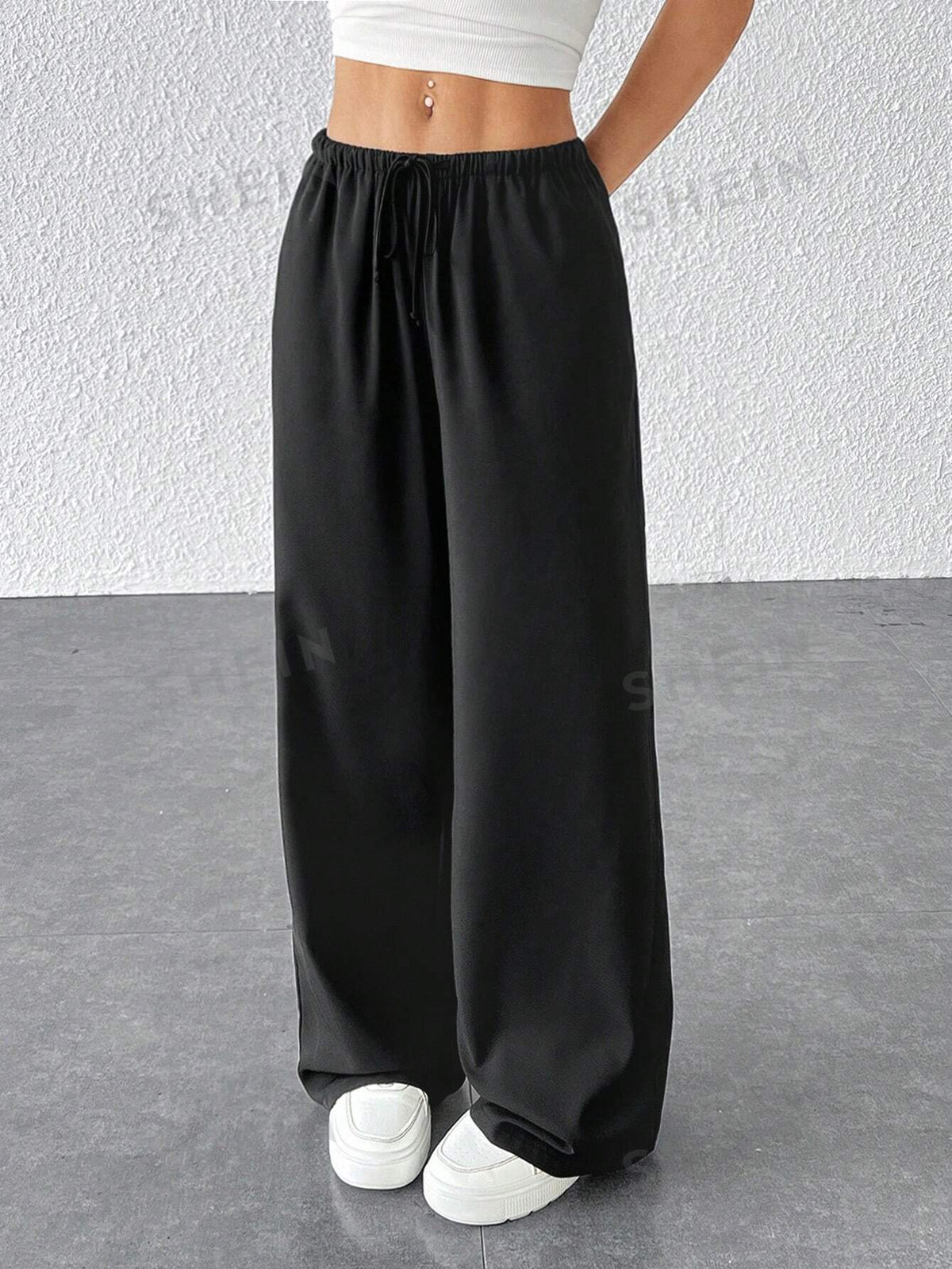 SHEIN PETITE Striped & Printed Drawstring Waist Long Pants With Pockets