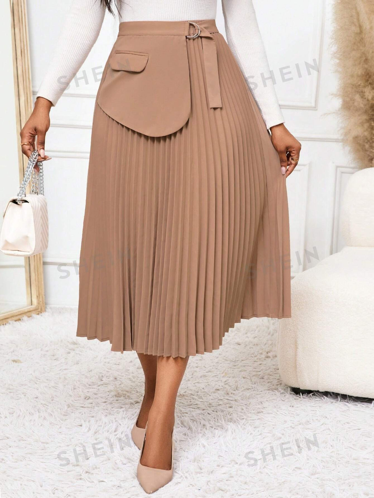 SHEIN Lady Khaki Pleated Suit For Women, Elegant Long Skirt Khaki Skirt Teacher Clothes Women Vintage Clothes