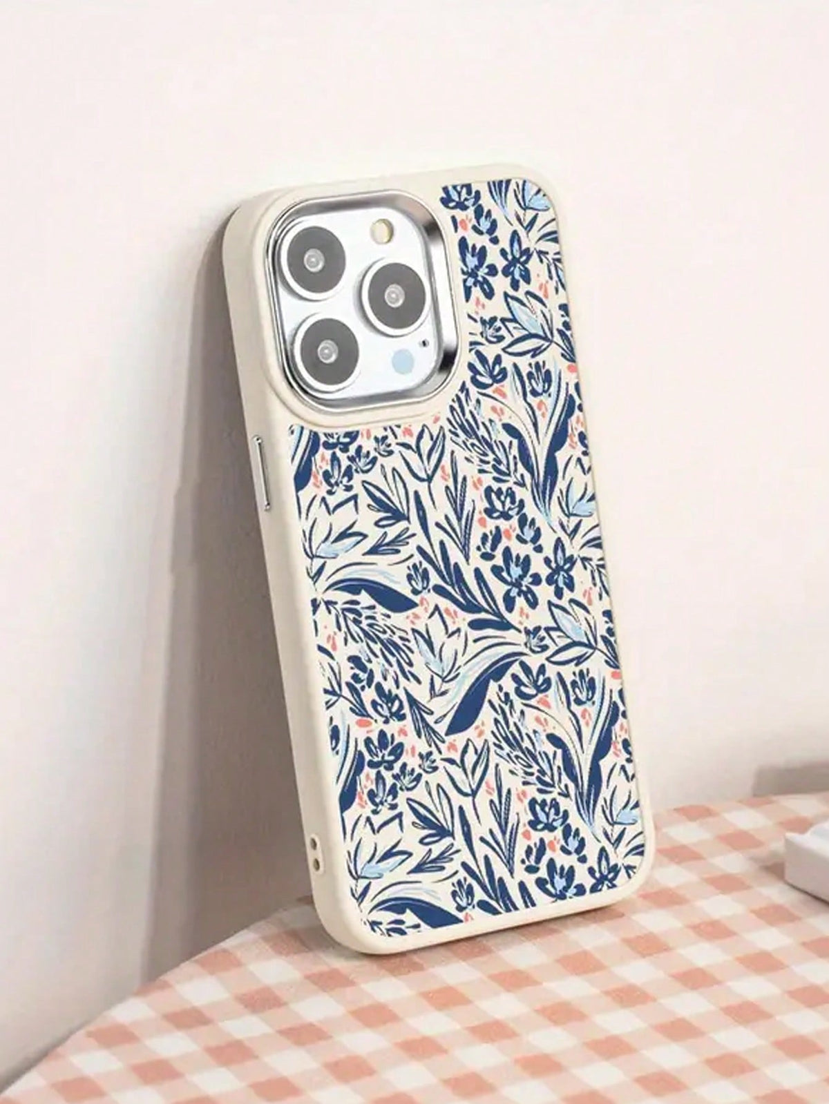 1pc Blue Floral Pattern Metal Frame TPU Phone Case, Anti-Drop Protection, Compatible With IPhone