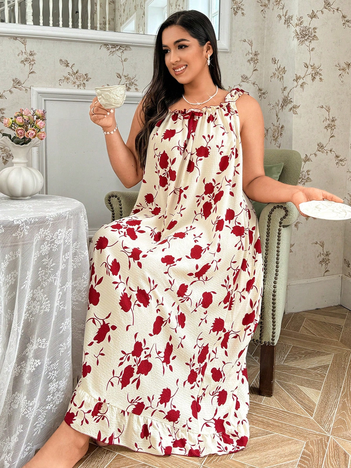 Shein CottageSlumber Plus Size Lace Trimmed Pleated Spaghetti Strap Floral Allover Print Pajama Dress With Ruffles, Long Dress