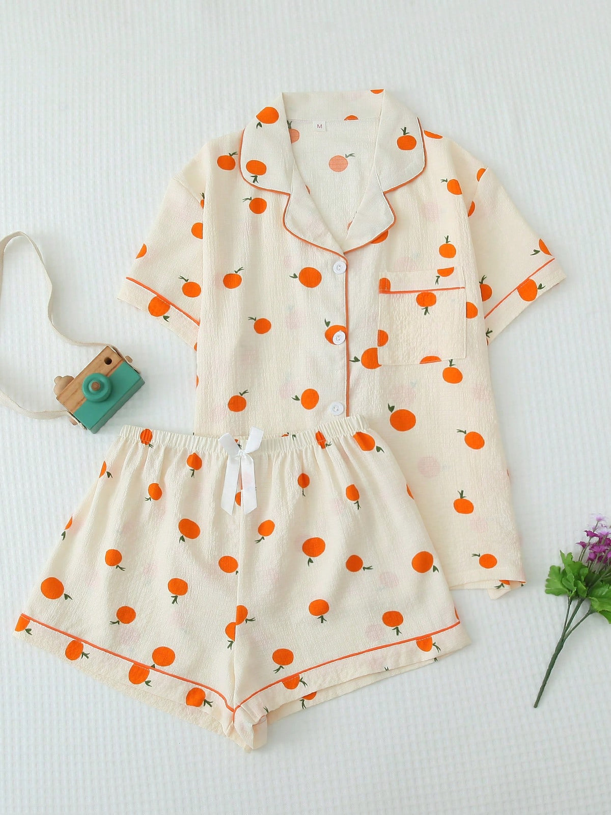 Orange Printed Sleepwear Set - Sweet And Lovely Collar Button-Up Top And Bowknot Shorts For Women's Sleepwear And Loungewear