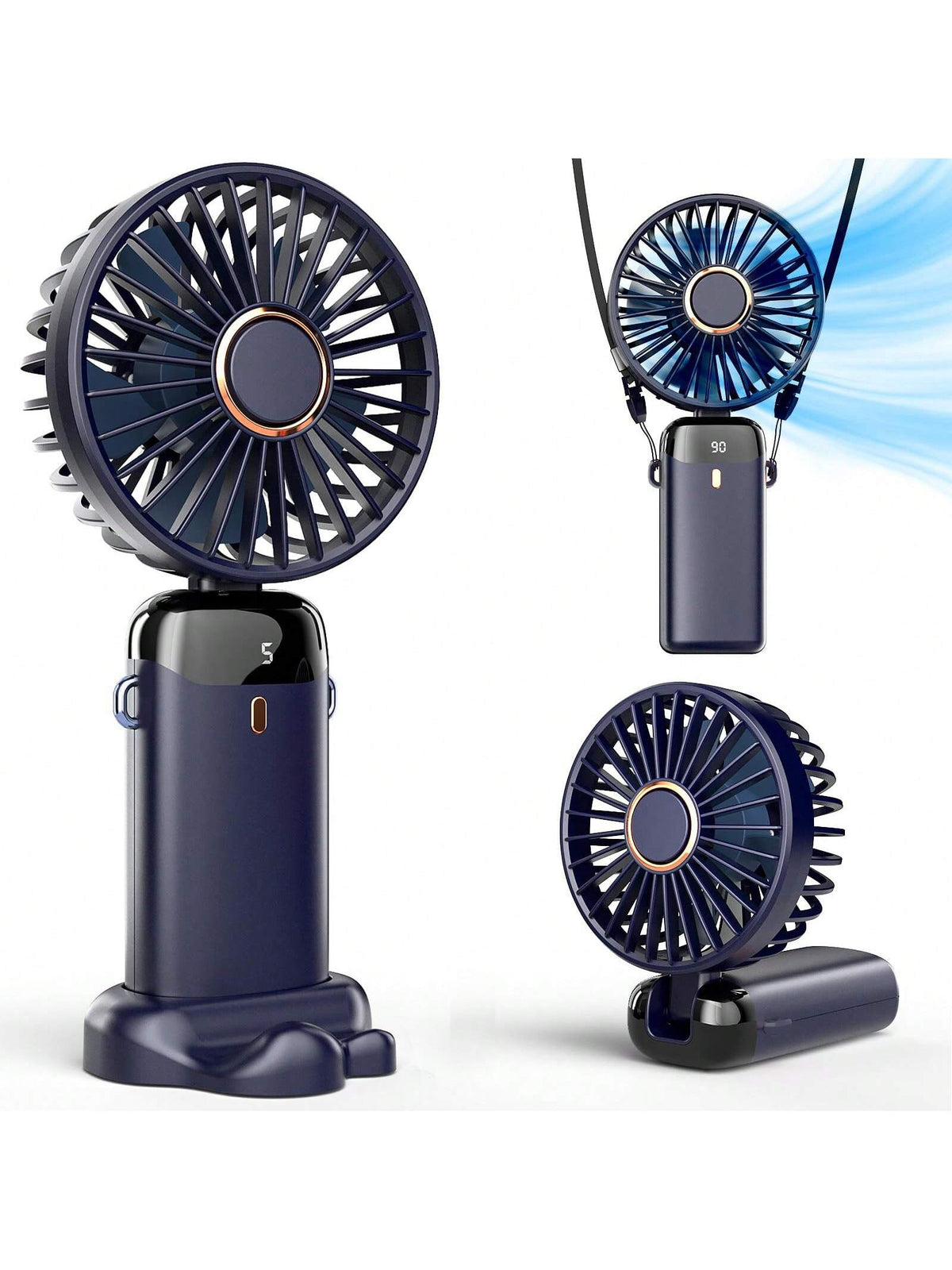 1pc Portable Handheld Fan With Rechargeable Battery And Base, Mini Fan With Digital Display, 5 Speeds, 90° Adjustable Angle, Ideal For Travel, Camping, Outdoor Office And Home Use