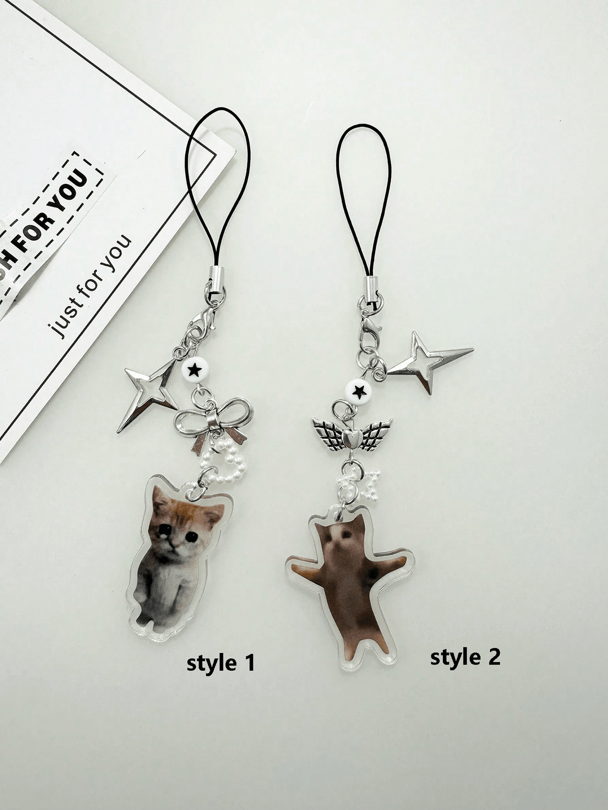 Cute Happy And Sad Little Cat Phone Decor, Bag Charm, Keychain With Star And Bow