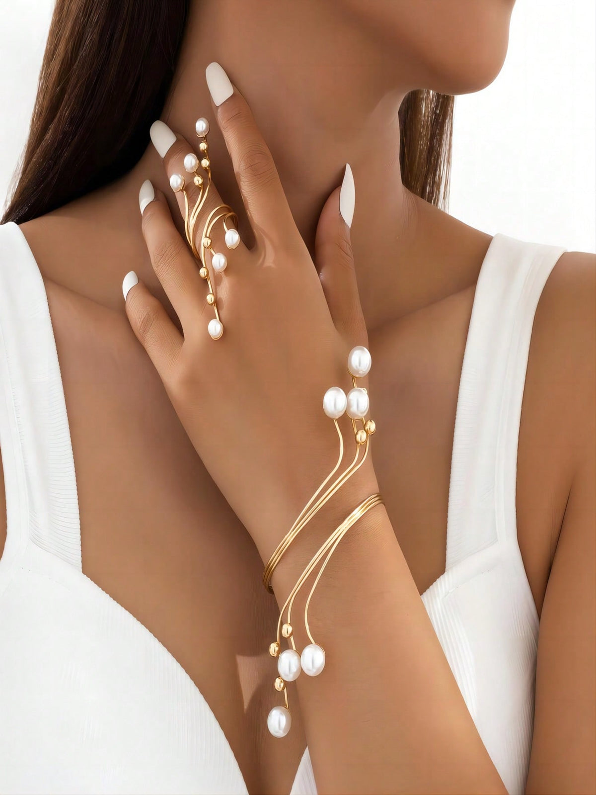 Set Of Stylish Pearl Bracelet And Ring For Women, Party Gift