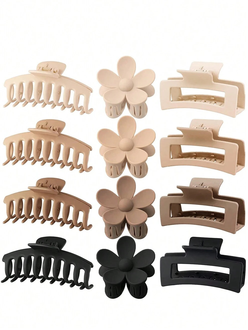 12pcs Women's Black White Khaki Brown Flower/Square/Dragon Claw Shaped 11cm/4.33in Large Lightweight Plastic Hair Claw Clips, Fashionable, Versatile, High-End, Elegant, Simple, Solid Color Hair Access