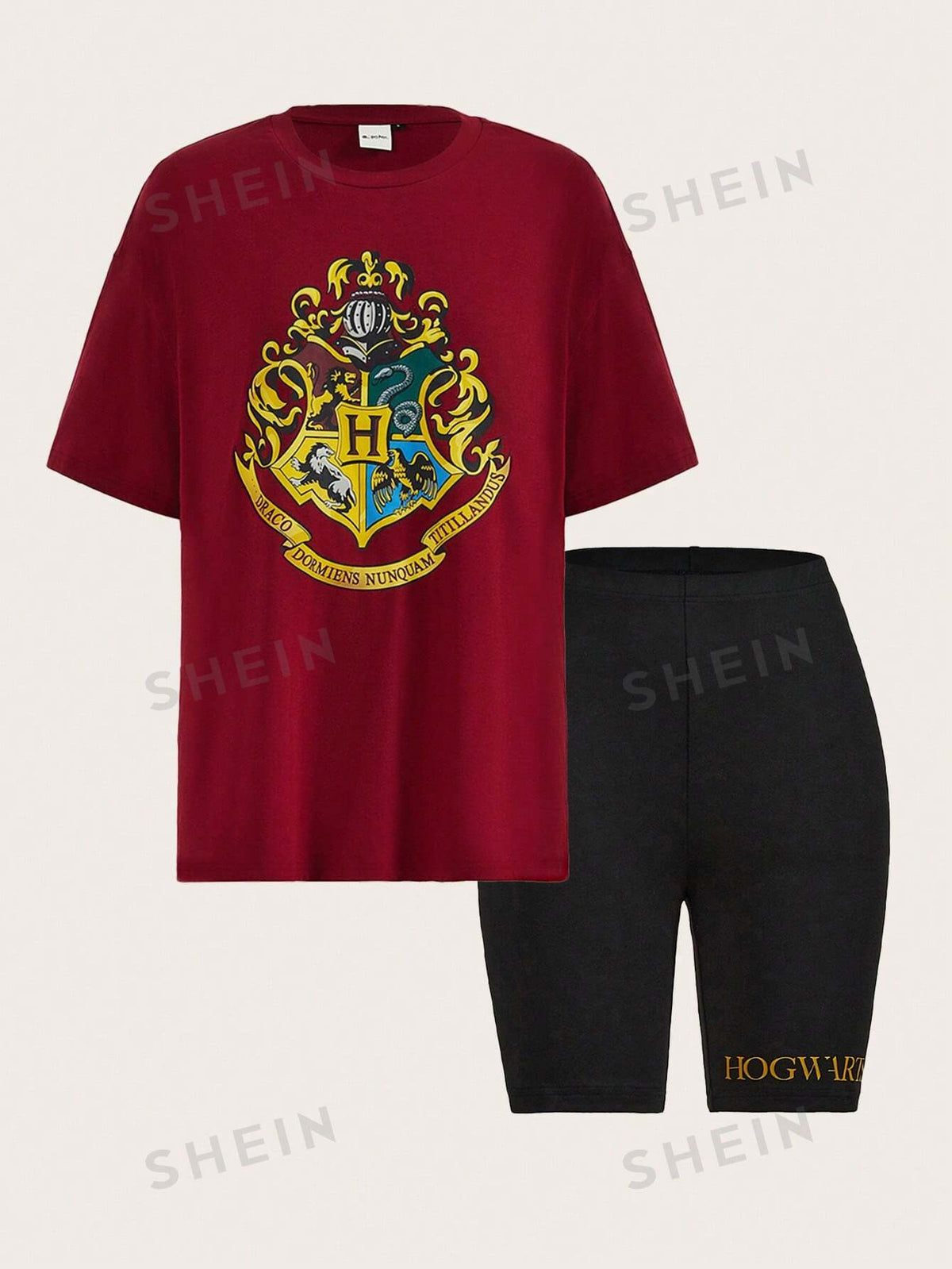 HARRY POTTER X SHEIN Hogwarts Badge Print Maroon T-Shirt & Black Cycling Shorts Casual College Outfit