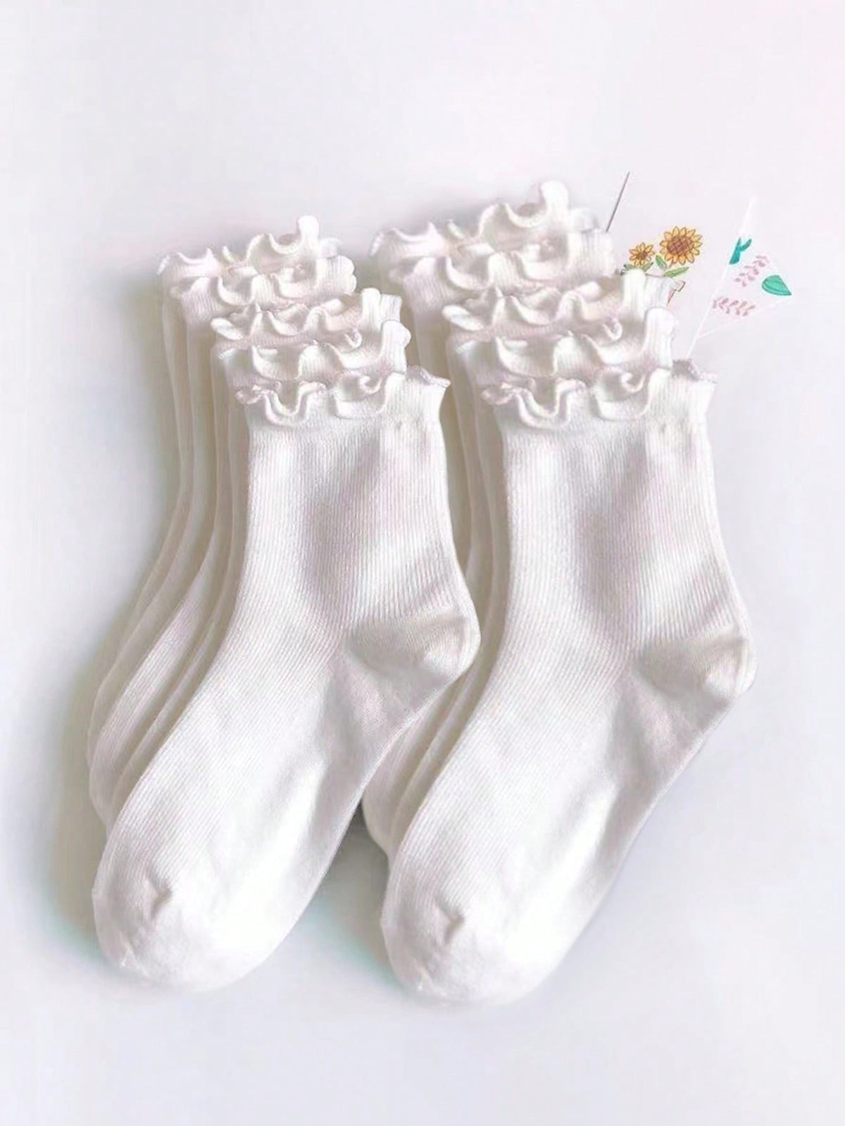 10 Pairs Women's White Frill Trimmed Casual Mid-Calf Socks