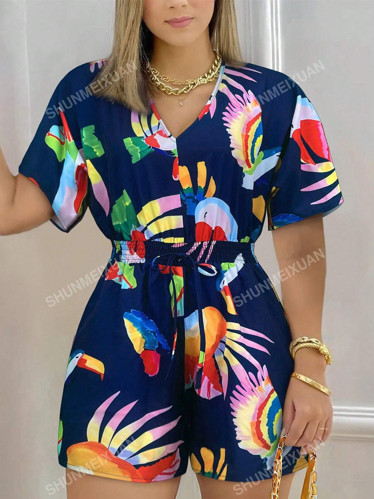 Shirred Drawstring Waist Short Sleeve Jumpsuit For Summer