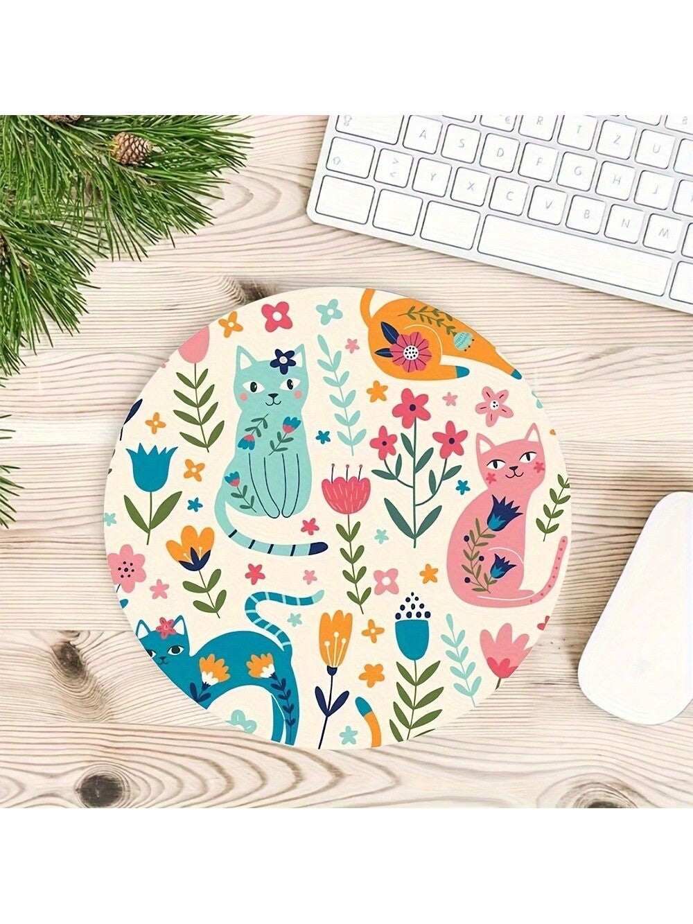 Flowers Plants Round Mouse Pad Cute Cat Mousepad With Stitched Edge Premium-Textured Non-Slip Rubber Base Animal Mouse Mat For Office & Home Wireless Mouse, 7.9 X 7.9 Inch