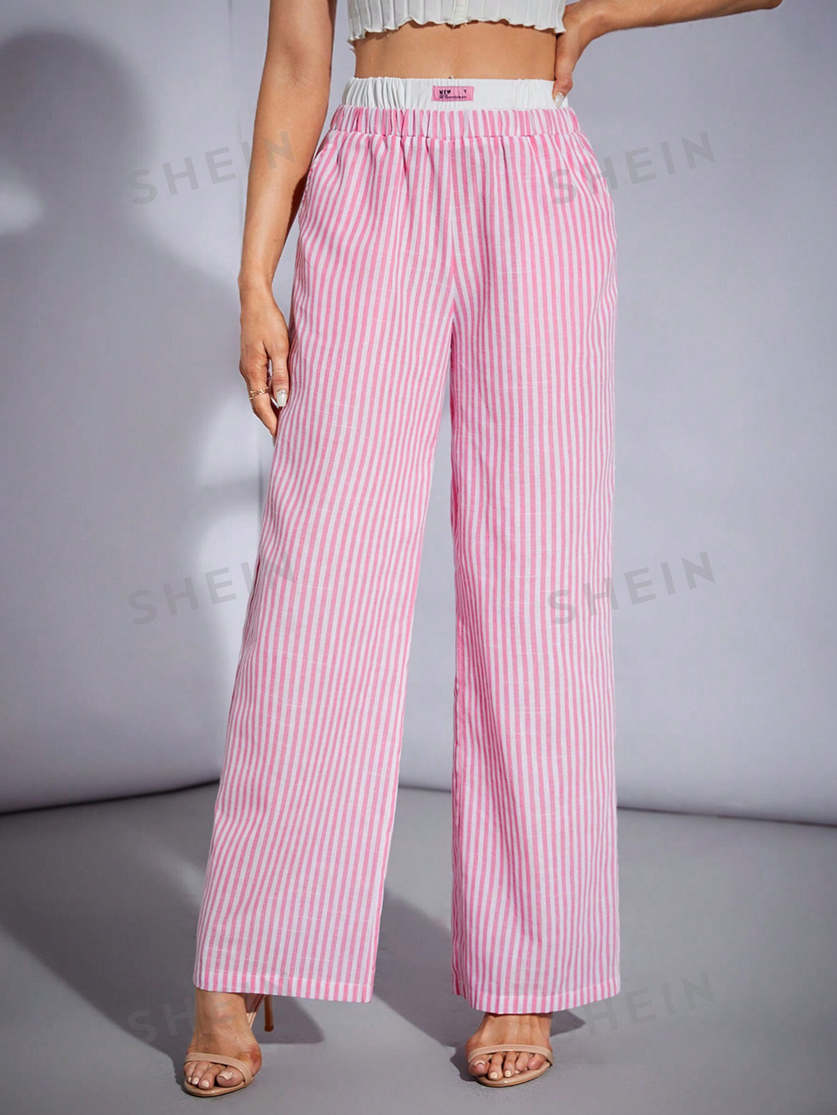 SHEIN Tall Women's Elastic Waist Yarn Dyed Striped Color Block Wide Leg Pants