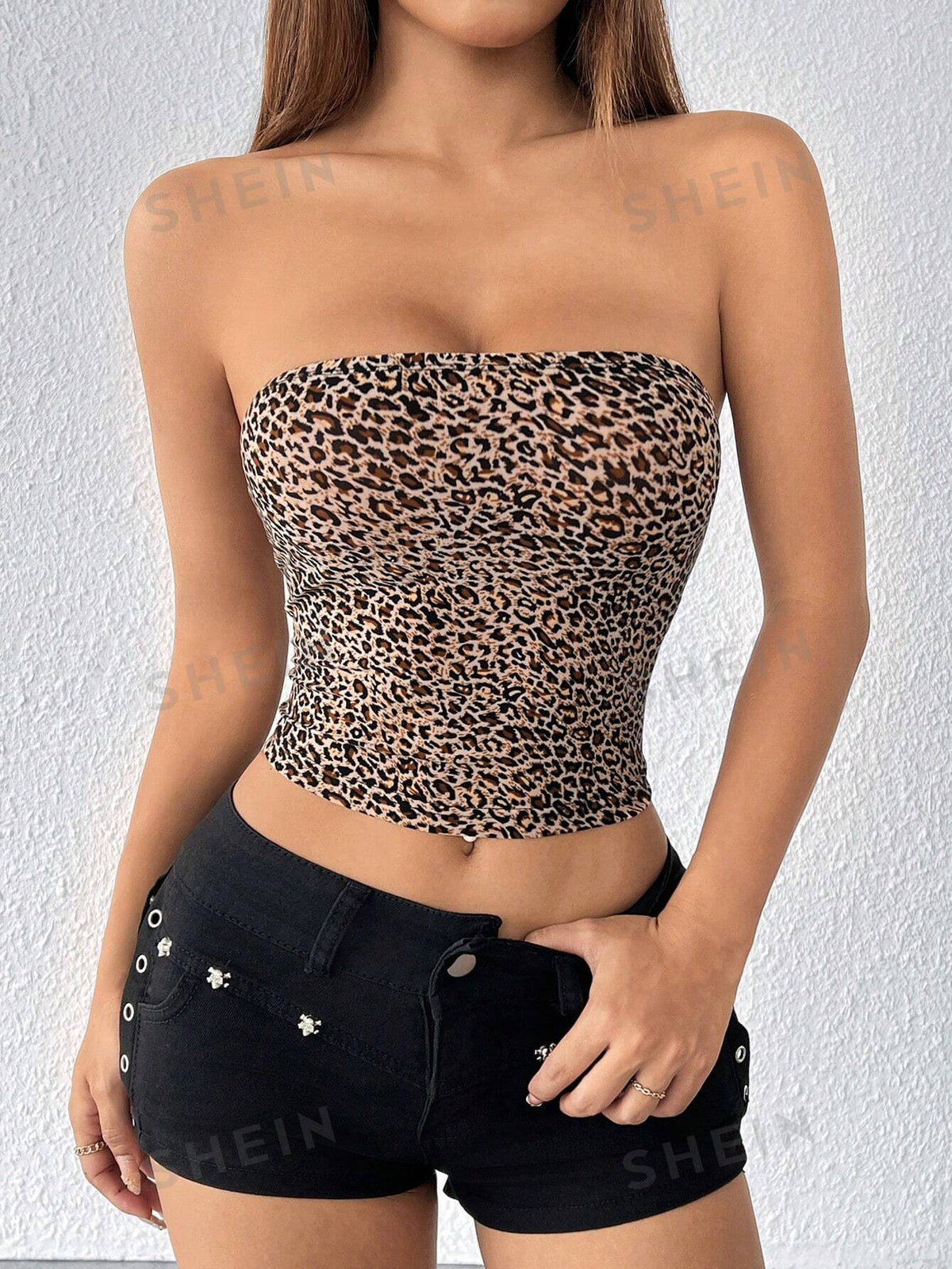 SHEIN PETITE Leopard Print Tube Top Casual Summer Slim Fit Women's Top