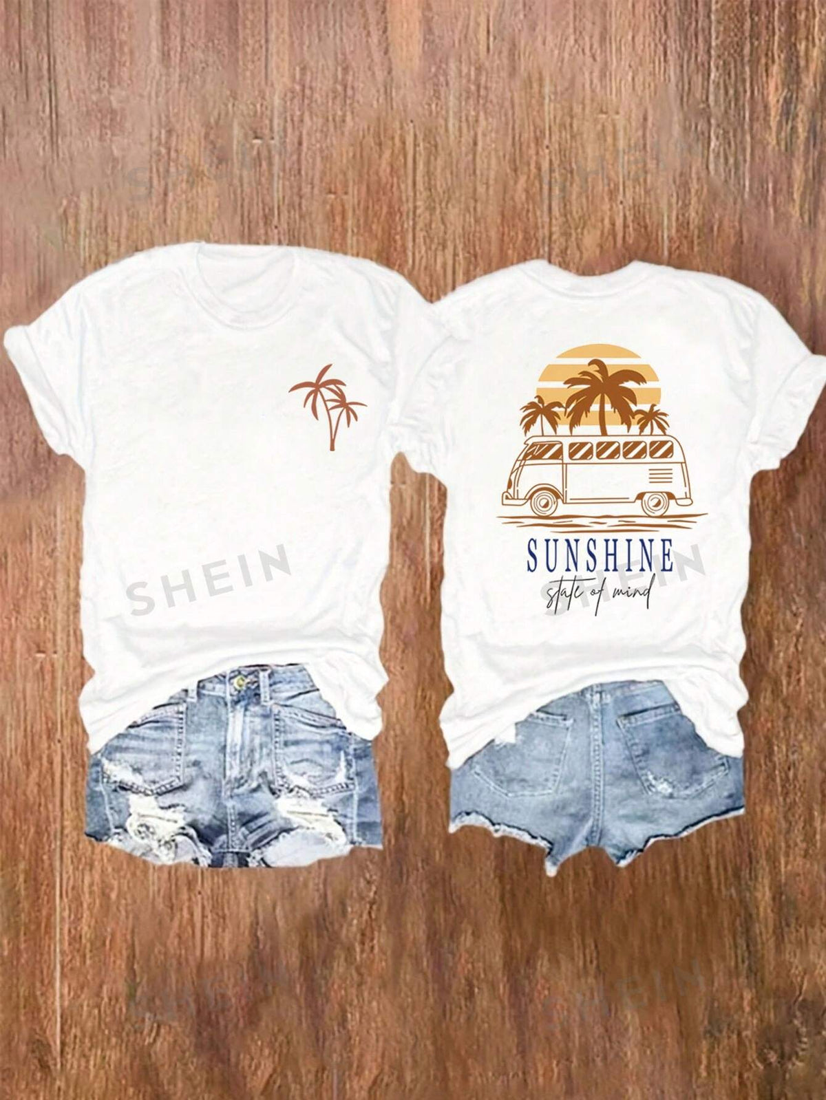 SHEIN LUNE Vintage Summer Beach T-Shirt With Coconut Tree Print, Round Neck Casual Short Sleeve Tee, Holiday Shirt For Women, Spring/Summer Outfit