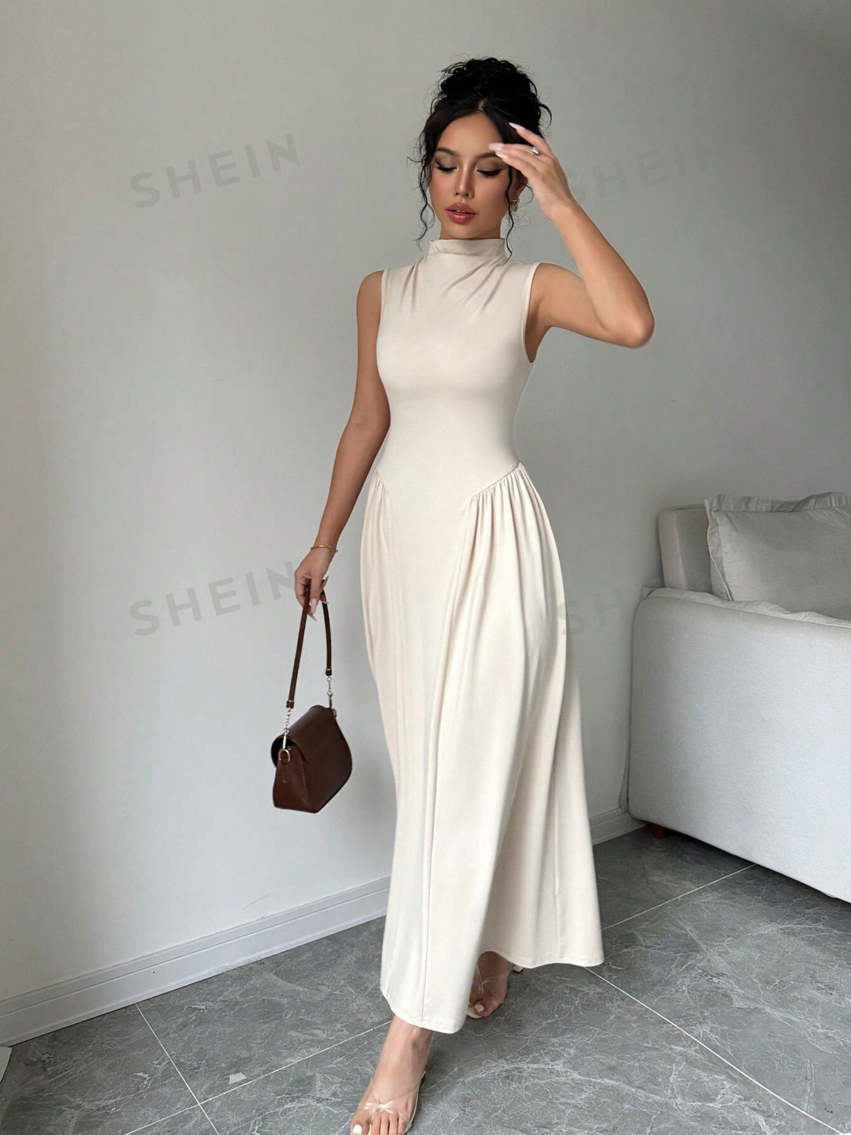 SHEIN Privé Solid Color Sleeveless Knitted Dress With Stand Collar And Flared A-Line Skirt