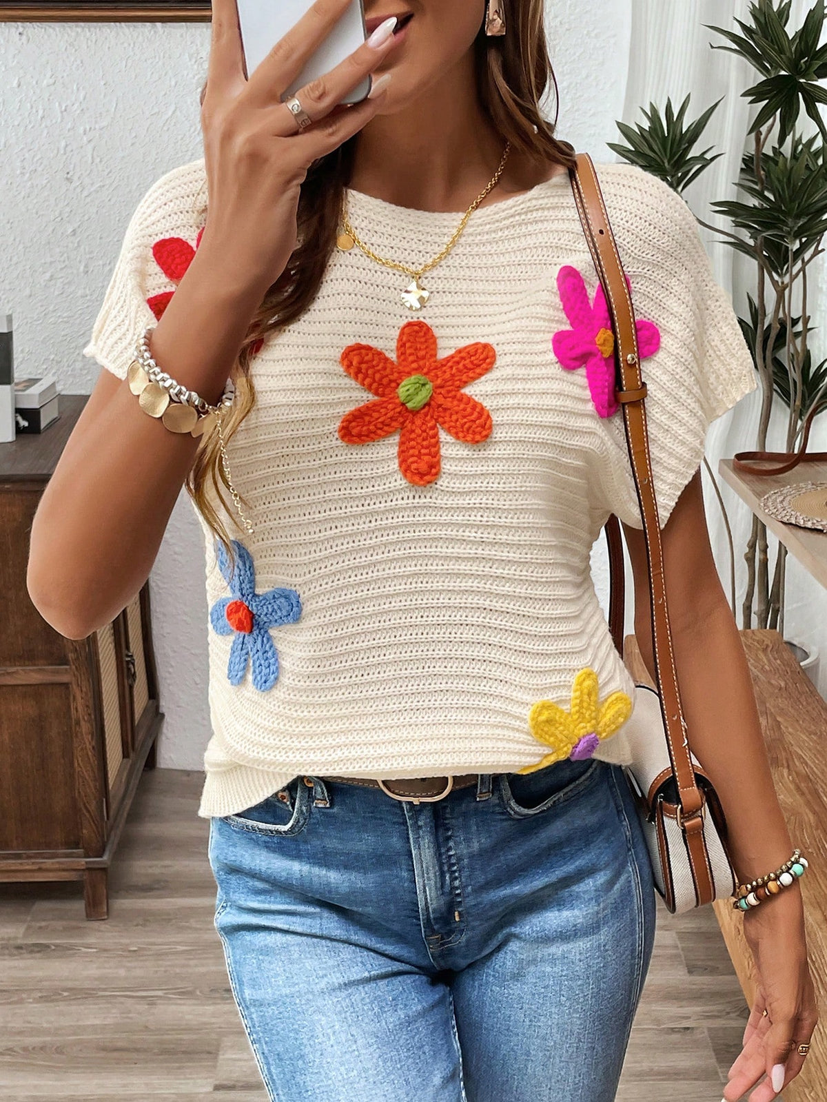 SHEIN LUNE Colorful 3D Sweater Floral Casual Summer Top For Women