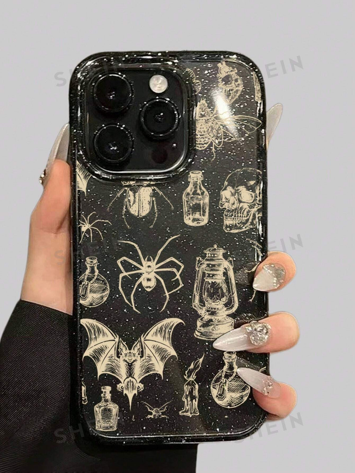 ROMWE Goth 1pc Dark Spider Pattern Bat Glitter Phone Case