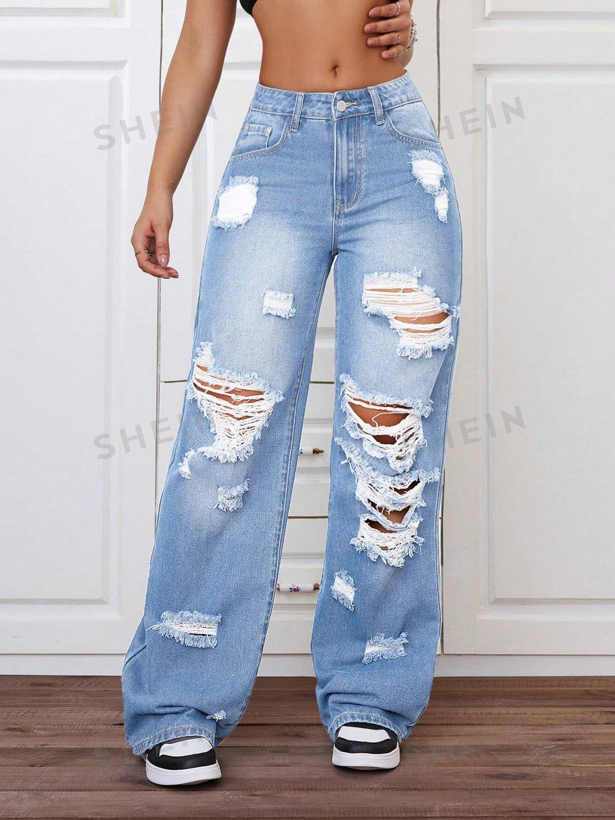 SHEIN ICON Fashionable Wide Leg Distressed Washed Jeans