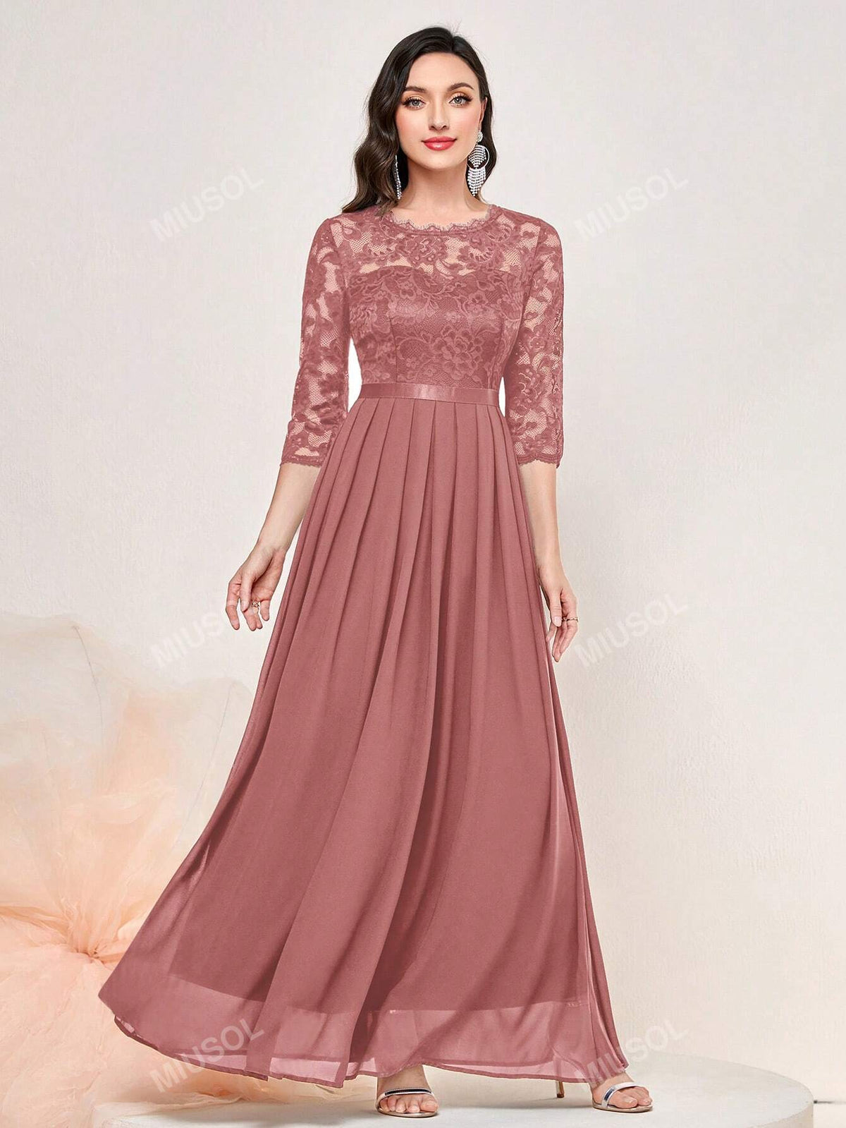 MIUSOL Elegant Floral Lace Chiffon Pleated Hem Formal Party Maxi Dress