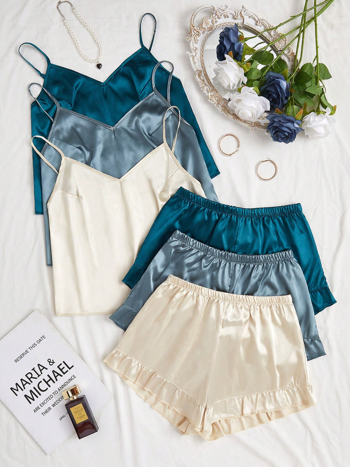 6pcs Solid Color Sleepwear Set Pajama Set With Frill Trimmed Camisole And Shorts Made Of Imitation Silk