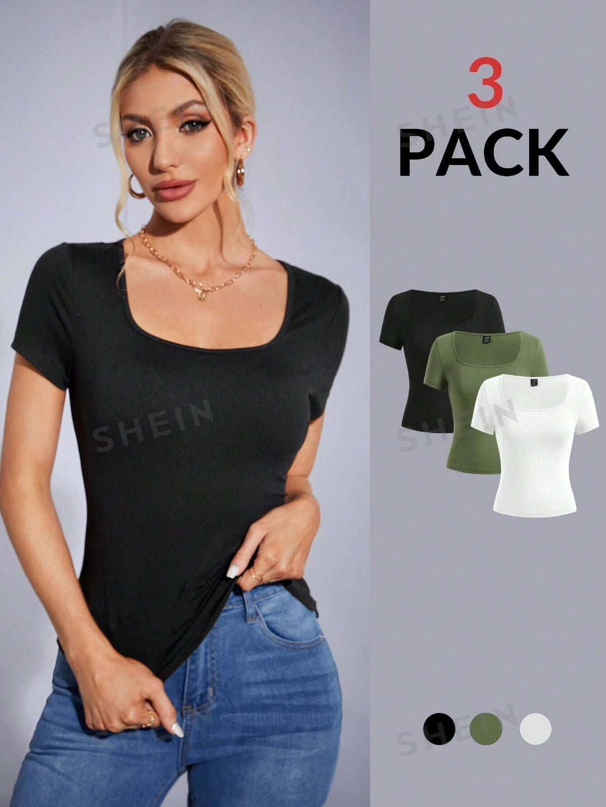 SHEIN Tall Black White Green Three Piece Short Sleeve Casual Slim Fit Women's T-Shirt