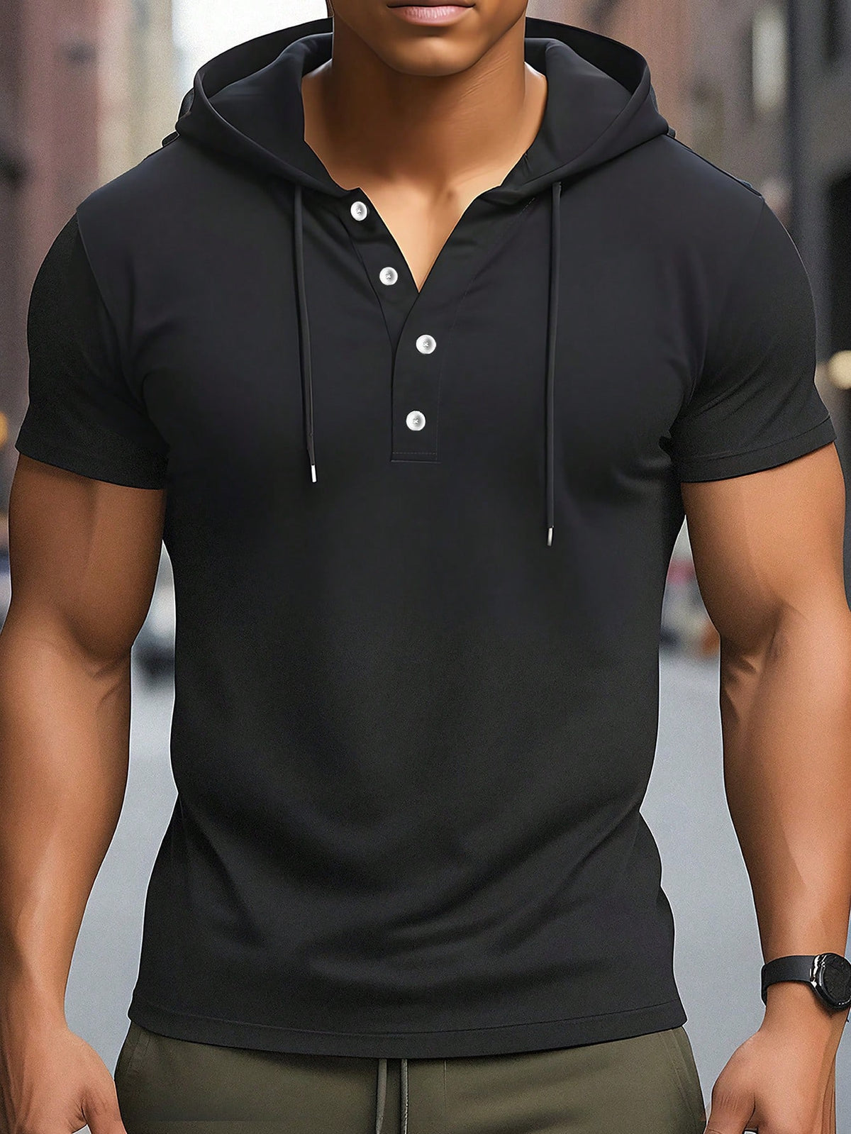 Men's Summer Solid Color Button Half-Placket Short Sleeve Hooded Casual T-Shirt