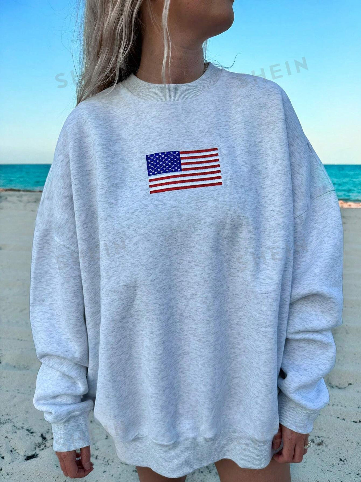 SHEIN EZwear Vintage American Flag Drop Shoulder Long Sleeve Pullover Sweatshirt