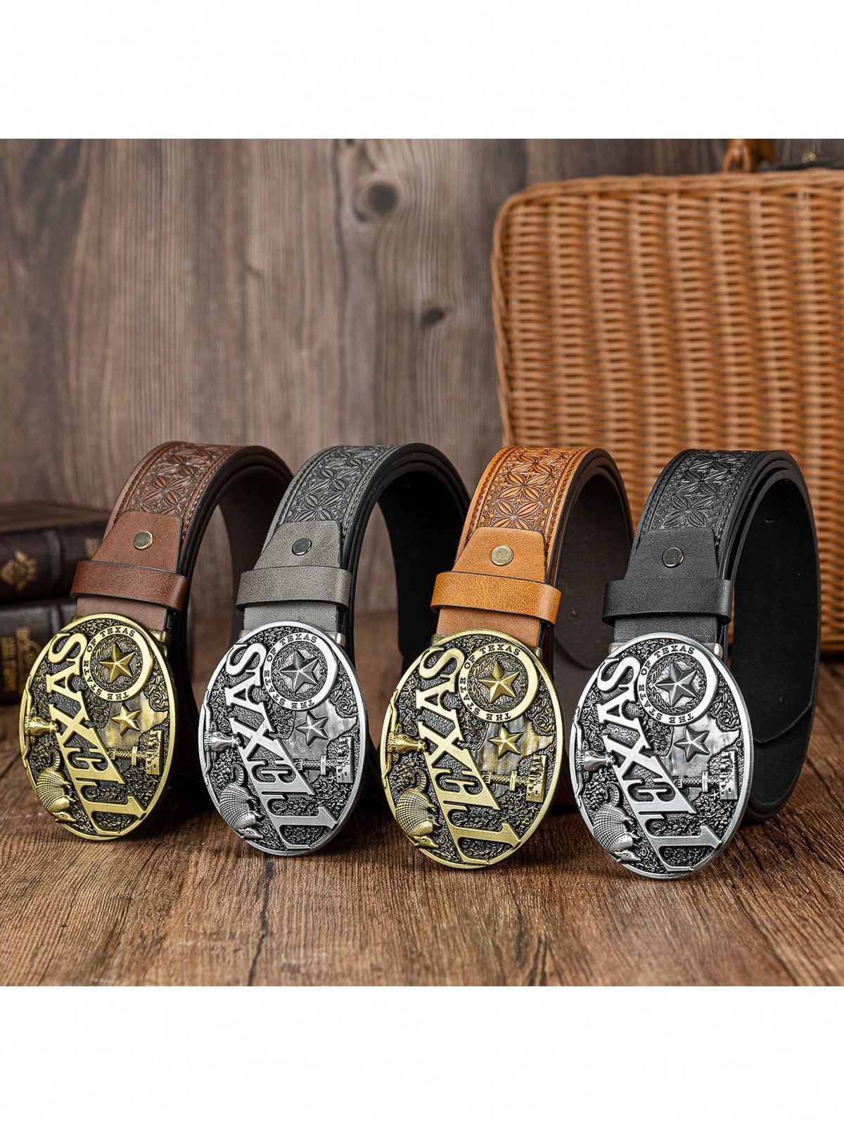 1pc Elliptical TEXAS Buckle Decor Versatile PU Pressed Floral Pattern Belt For Men